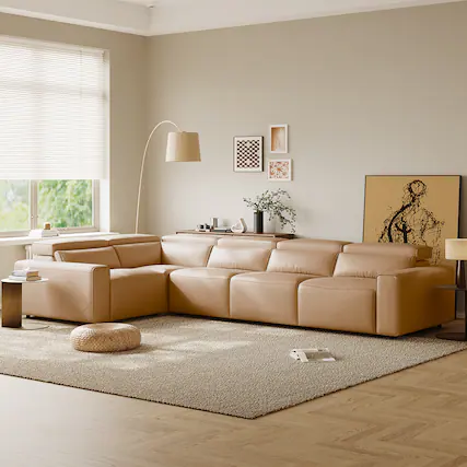 Front. POVISON - 141.14" Power Corner Sofa L-shaped Electric Reclining Couch, 2 Extendable Recliners, USB Charging, Living Room,Khaki - Khaki Sustainable Leather.