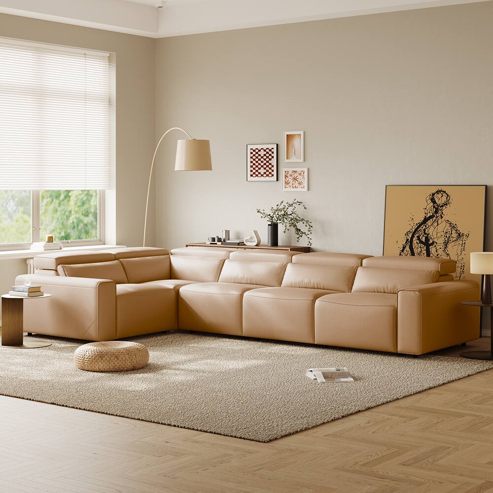 Front. POVISON - 141.14" Power Corner Sofa L-shaped Electric Reclining Couch, 2 Extendable Recliners, USB Charging, Living Room,Khaki - Khaki Sustainable Leather.