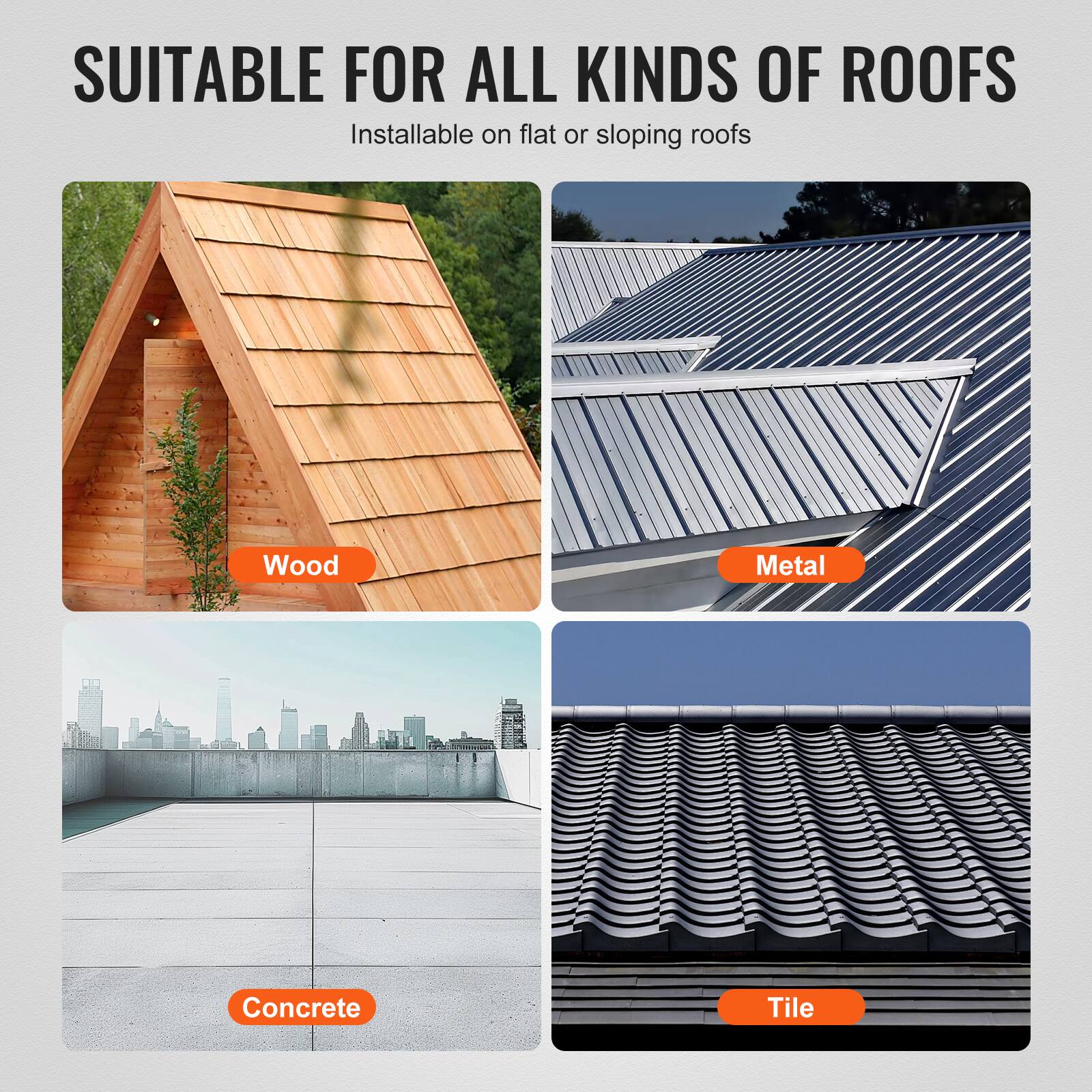 SUITABLE FOR ALL KINDS OF ROOFS  
Installable on flat or sloping roofs  

Wood  
Metal  
Concrete  
Tile