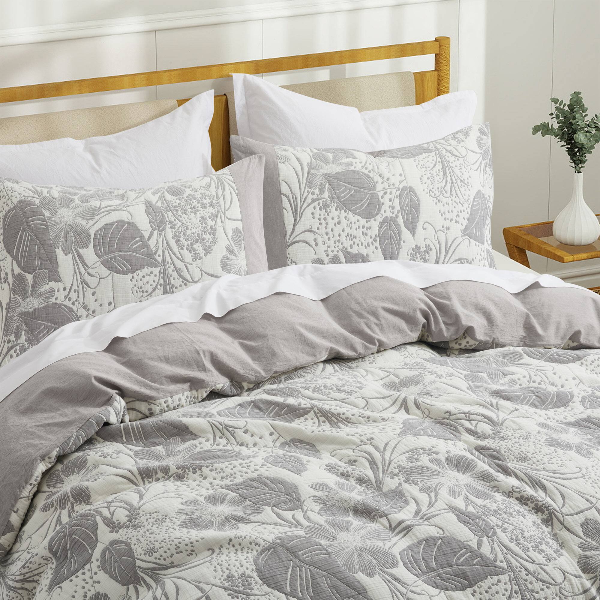 Left. Peace Nest - Peace Nest 100% Cotton Double-Layer Gauze Floral Jacquard Duvet Cover Set - Grey.