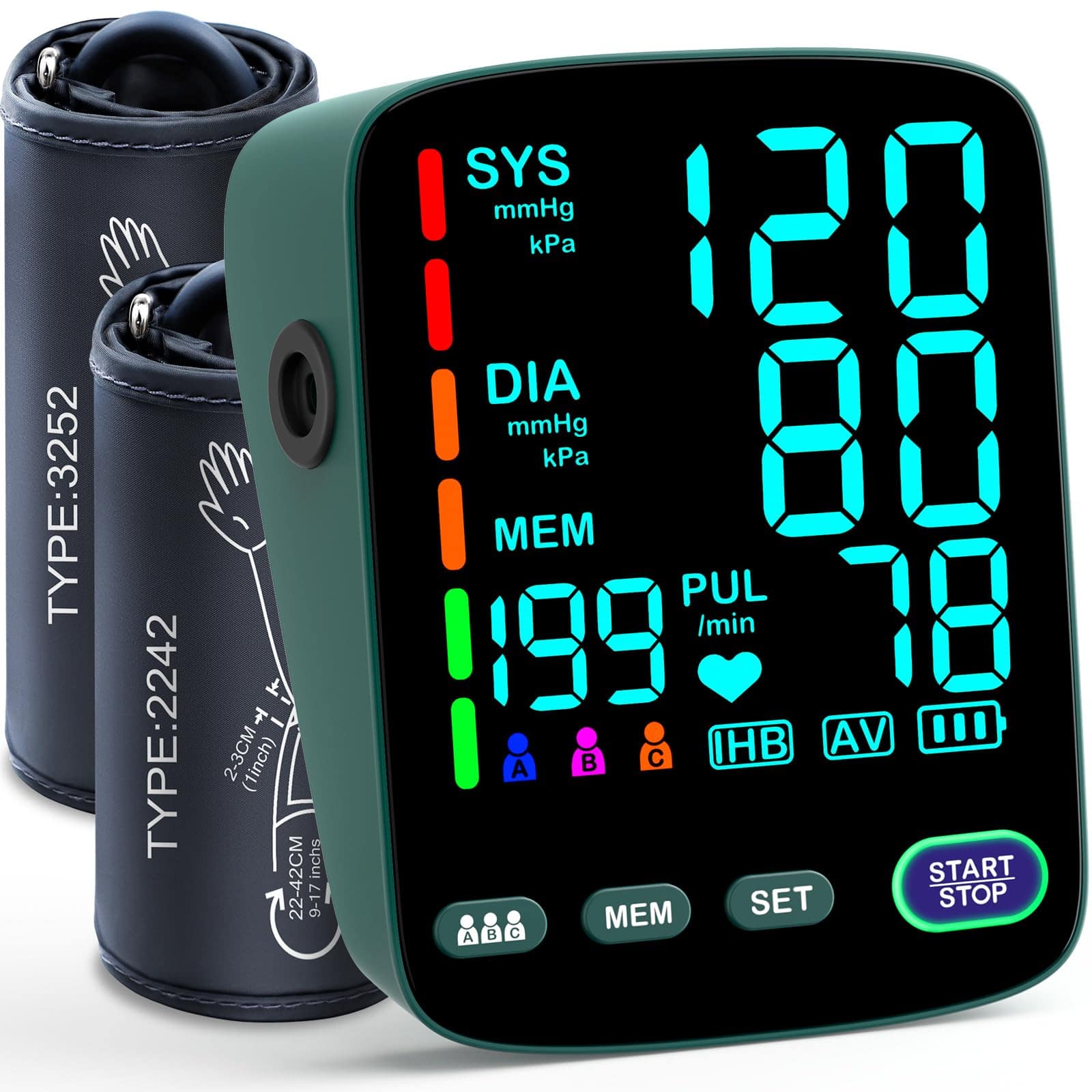 Dazzed Corner - Blood Pressure Monitor, 2 Cuff Sizes, 3-User 199 Memory - Green