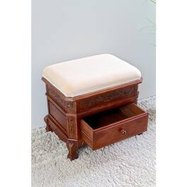 International Caravan - Upholstered Vanity Stool with One Drawer - Brown Stain
