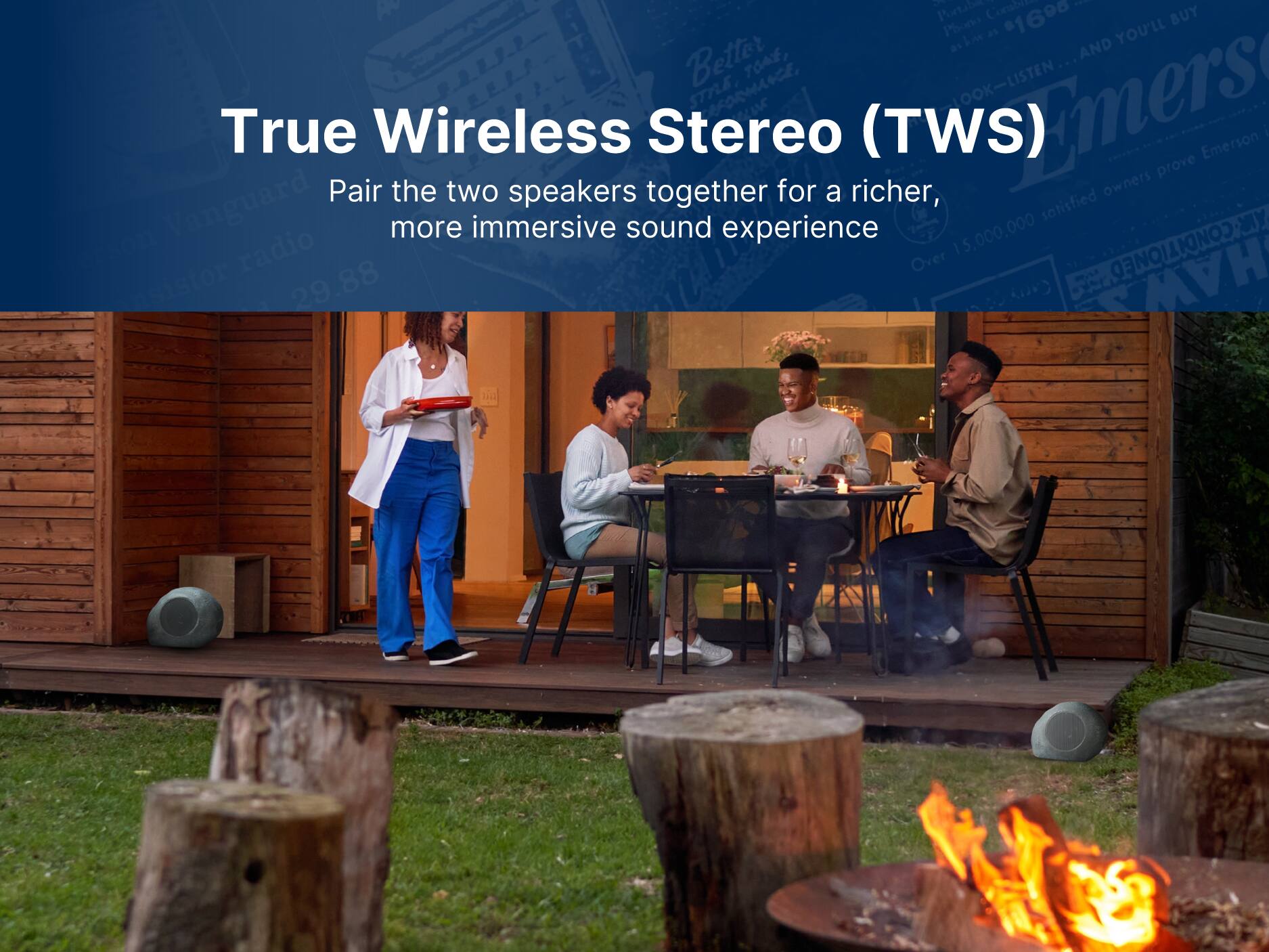 True Wireless Stereo (TWS) Pair the two speakers together for a richer, more immersive sound experience

1 Portabes Combite 1 Phone 1690 BUY akm as YOU'LL Better AND TOAE, smE ecaomne LOOK-LISTEN SEmers

15,000,000 1s00 radio Over CONDITIONED TIONED HAW nsistor 29.88 Carry