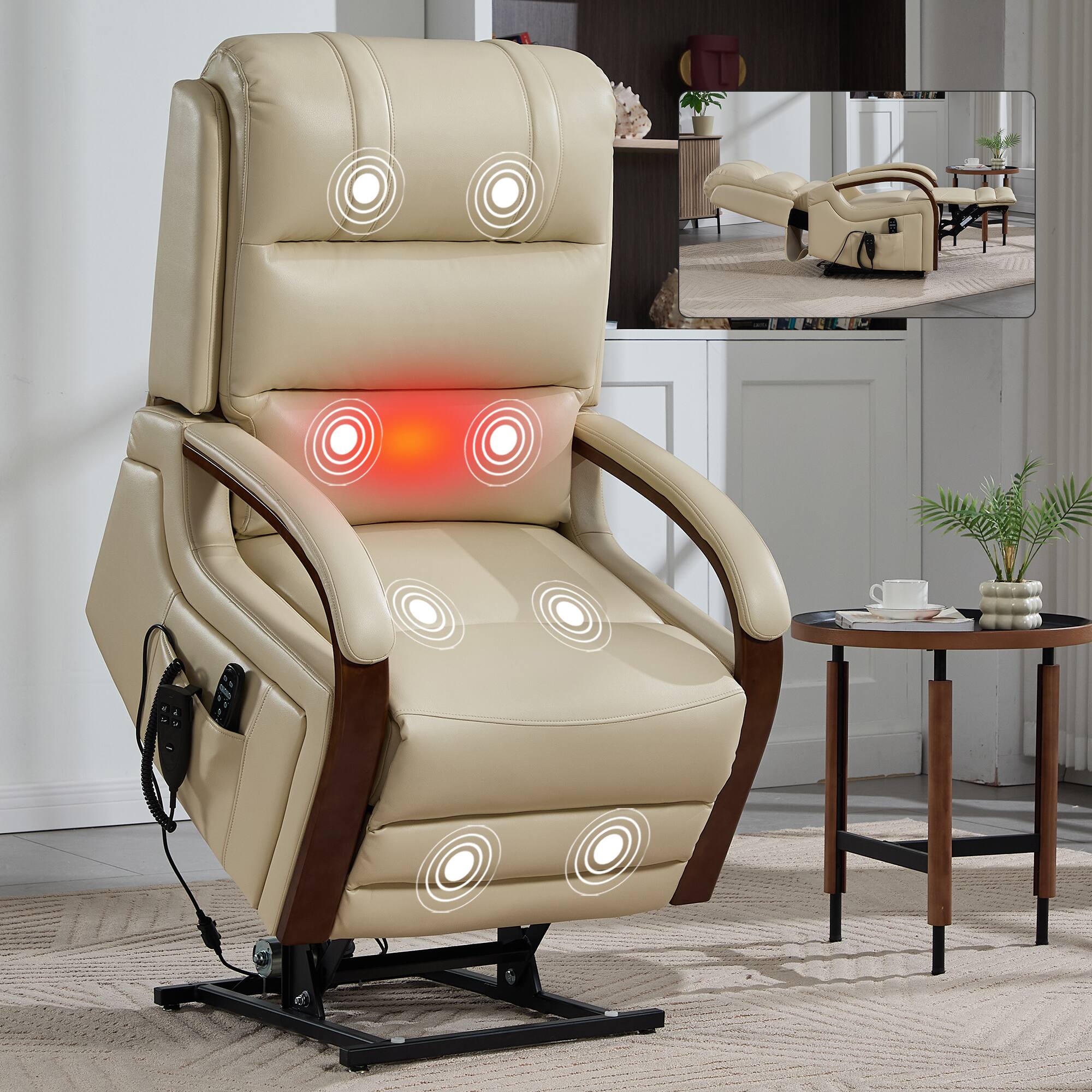 Angle. LUCKY ONE - Faux Leather Power Lift Recliner Chair with Infinite Position, Massage and Solid Wood Armrests - Beige.