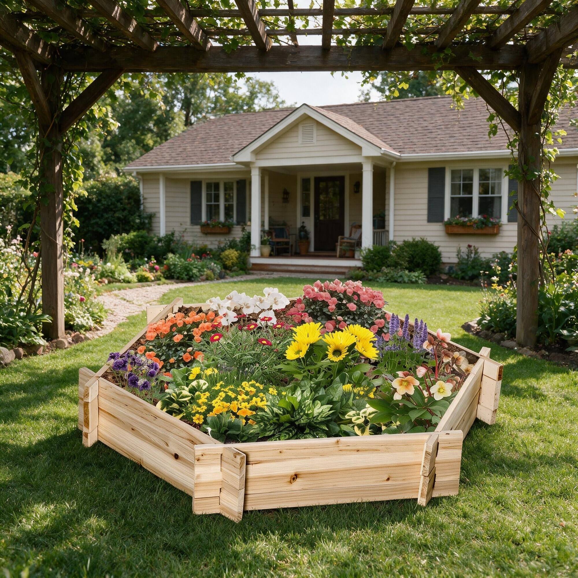 Alt View 1. RYHNUYNE - Hexagonal Wooden Raised Garden Bed, Tool-Free Screwless Planter for Outdoor Vegetables, Flowers, Herbs, 39.25 x 36. - Natural.