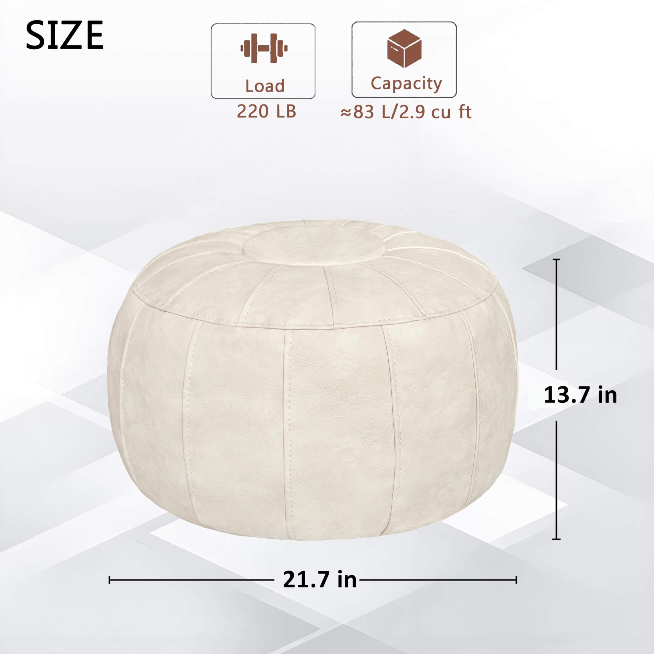 **SIZE**

- Load: 220 LB
- Capacity: ~83 L / 2.9 cu ft

- Diameter: 21.7 in
- Height: 13.7 in