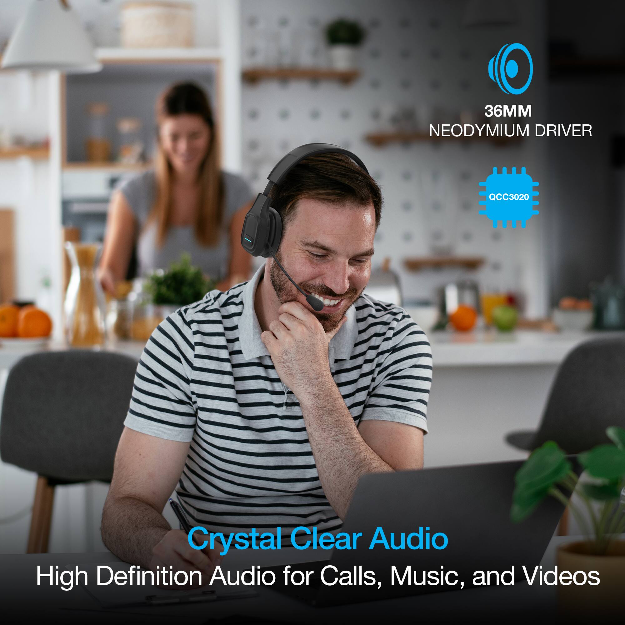 36MM NEODYMIUM DRIVER  
Crystal Clear Audio  
High Definition Audio for Calls, Music, and Videos