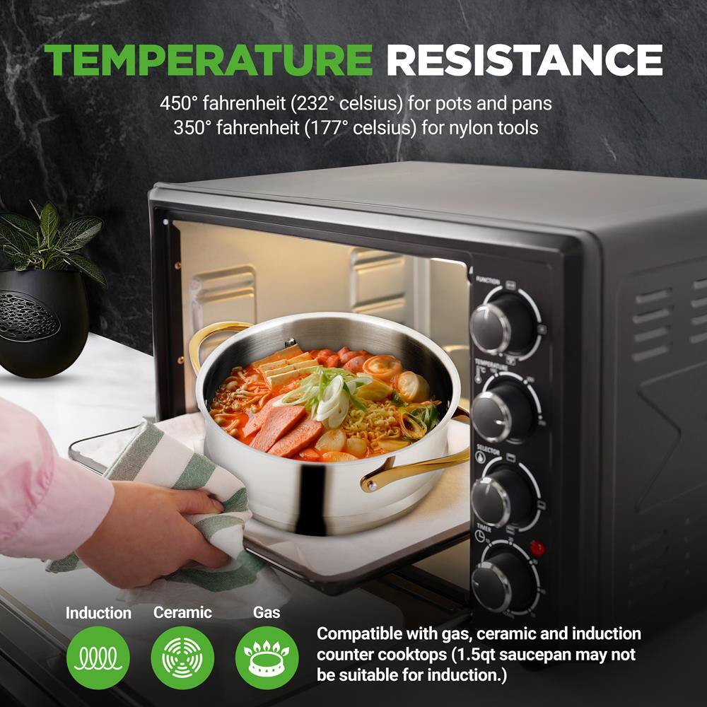**TEMPERATURE RESISTANCE**

450° fahrenheit (232° celsius) for pots and pans  
350° fahrenheit (177° celsius) for nylon tools

Compatible with gas, ceramic and induction counter cooktops (1.5qt saucepan may not be suitable for induction.)

- Induction
- Ceramic
- Gas