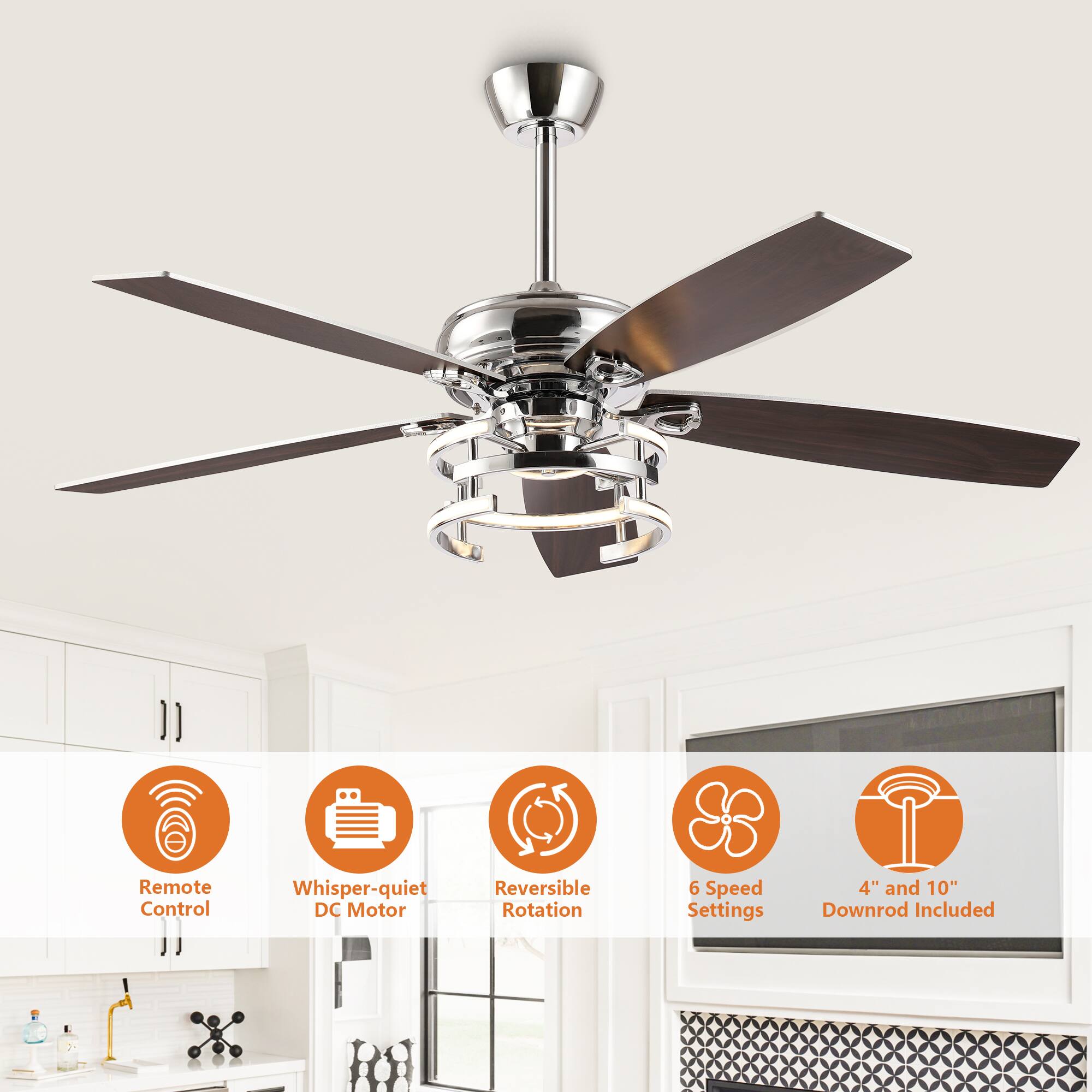 Remote Control  
Whisper-quiet DC Motor  
Reversible Rotation  
6 Speed Settings  
4" and 10" Downrod Included