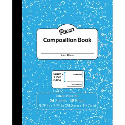 Pacon Composition Book
Your Name
Grade 2
3/4 inch ruling
1 inch midline
1/2 inch skip space
GRADE 2 RULING
24 Sheets - 48 Pages
9.75 in x 7.75 in (24.8 cm x 19.7 cm)