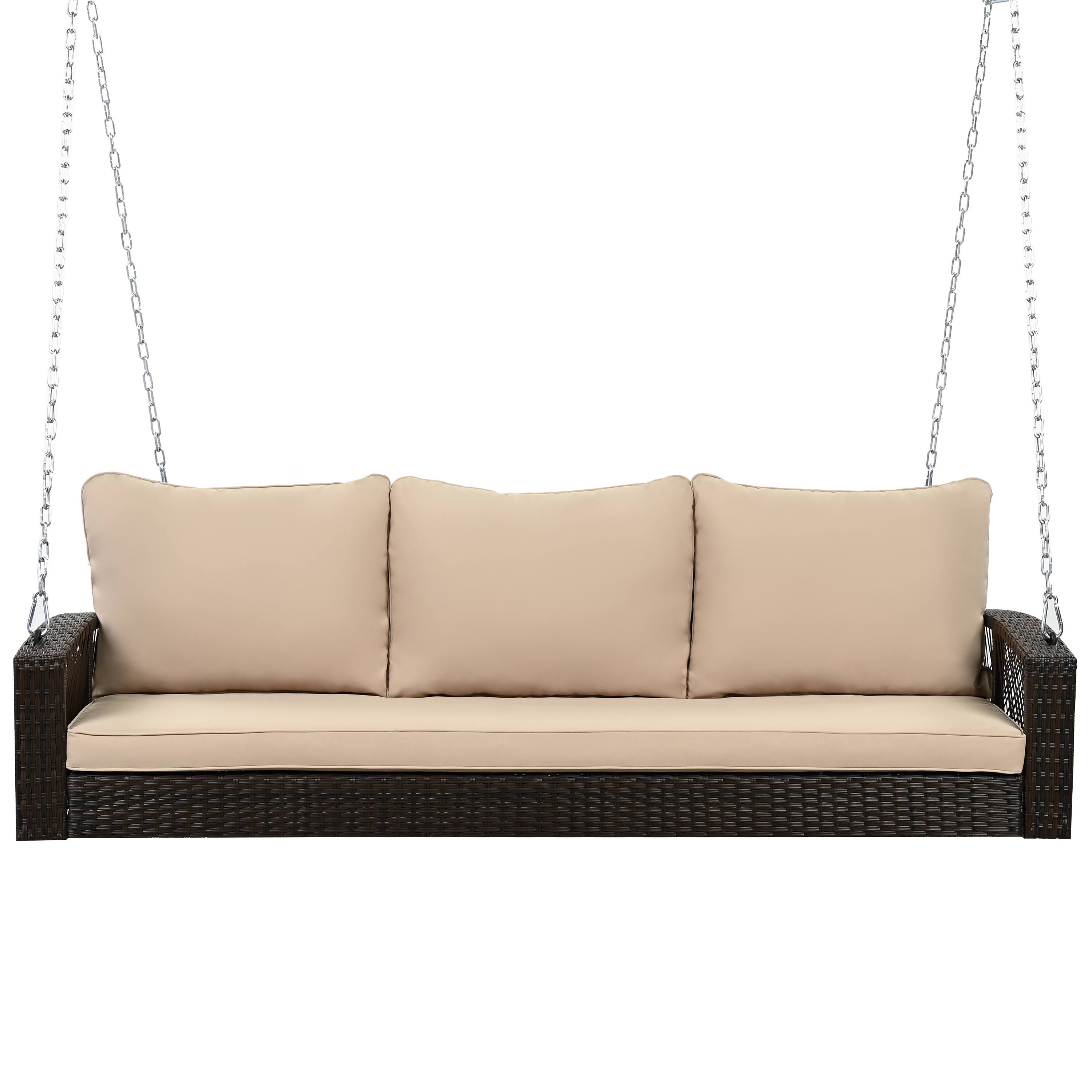 Back. Mondawe - 69" PE Wicker 3-Person Porch Swing with Chains and Cushions - Brown.