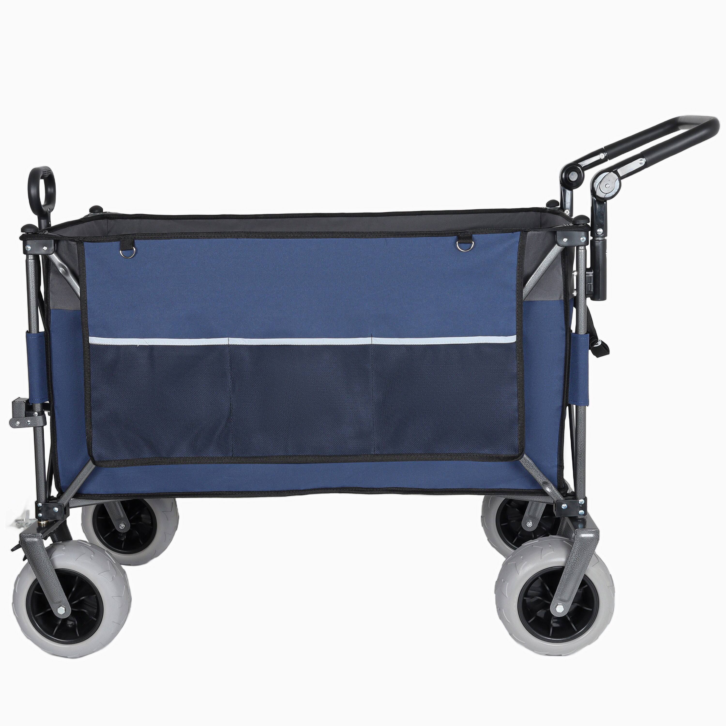 Angle. Mondawe - 300L XL Push-Pull Folding Wagon Utility Carts w/ 9"x4" Beach Tires, 360° Wheels, Adjustable Handle for Camping/Beach - Blue.