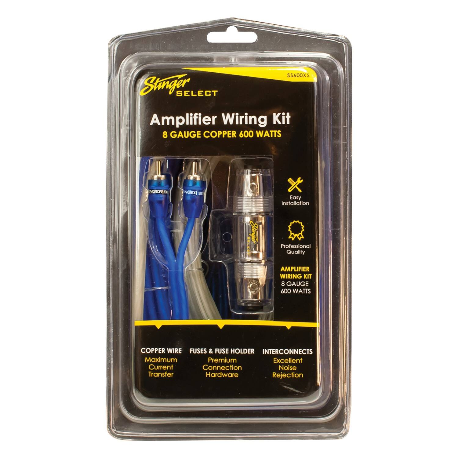 Stinger SELECT  
Amplifier Wiring Kit  
8 GAUGE COPPER 600 WATTS  

Easy Installation  
Professional Quality  

COPPER WIRE  
Maximum Current Transfer  

FUSES & FUSE HOLDER  
Premium Connection Hardware  

INTERCONNECTS  
Excellent Noise Rejection  

AMPLIFIER WIRING KIT  
8 GAUGE COPPER 600 WATTS  

HOLDER  
Premium Care  

INTERCONNECTS  
Excellent Noise Rejection
