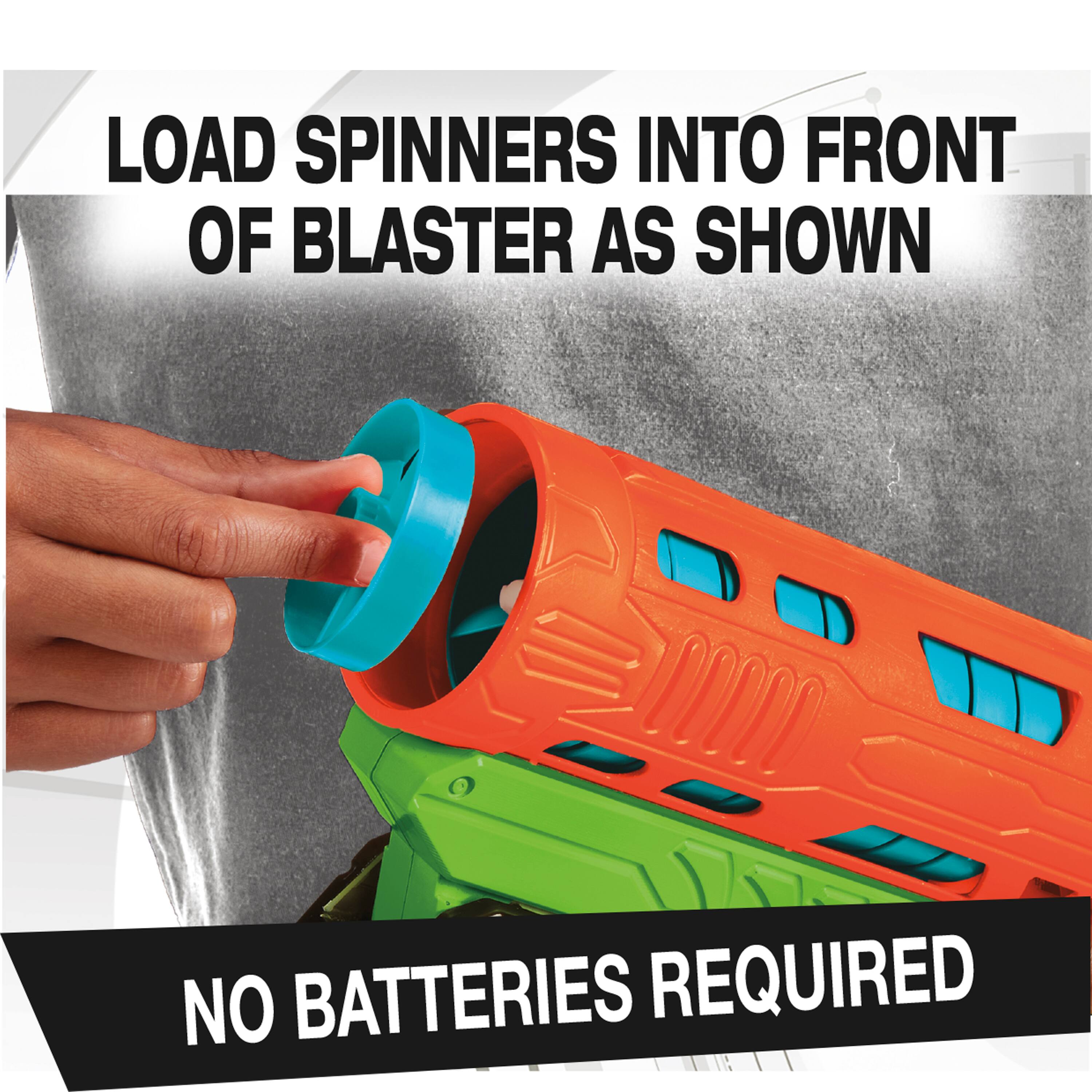 Load spinning toys into the front of the blaster as shown. No batteries required.