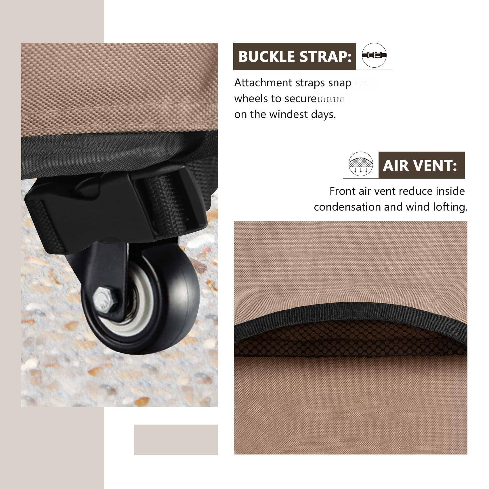 BUCKLE STRAP:  
Attachment straps snap wheels to secure luggage on the windiest days.  

AIR VENT:  
Front air vent reduces inside condensation and wind lofting.