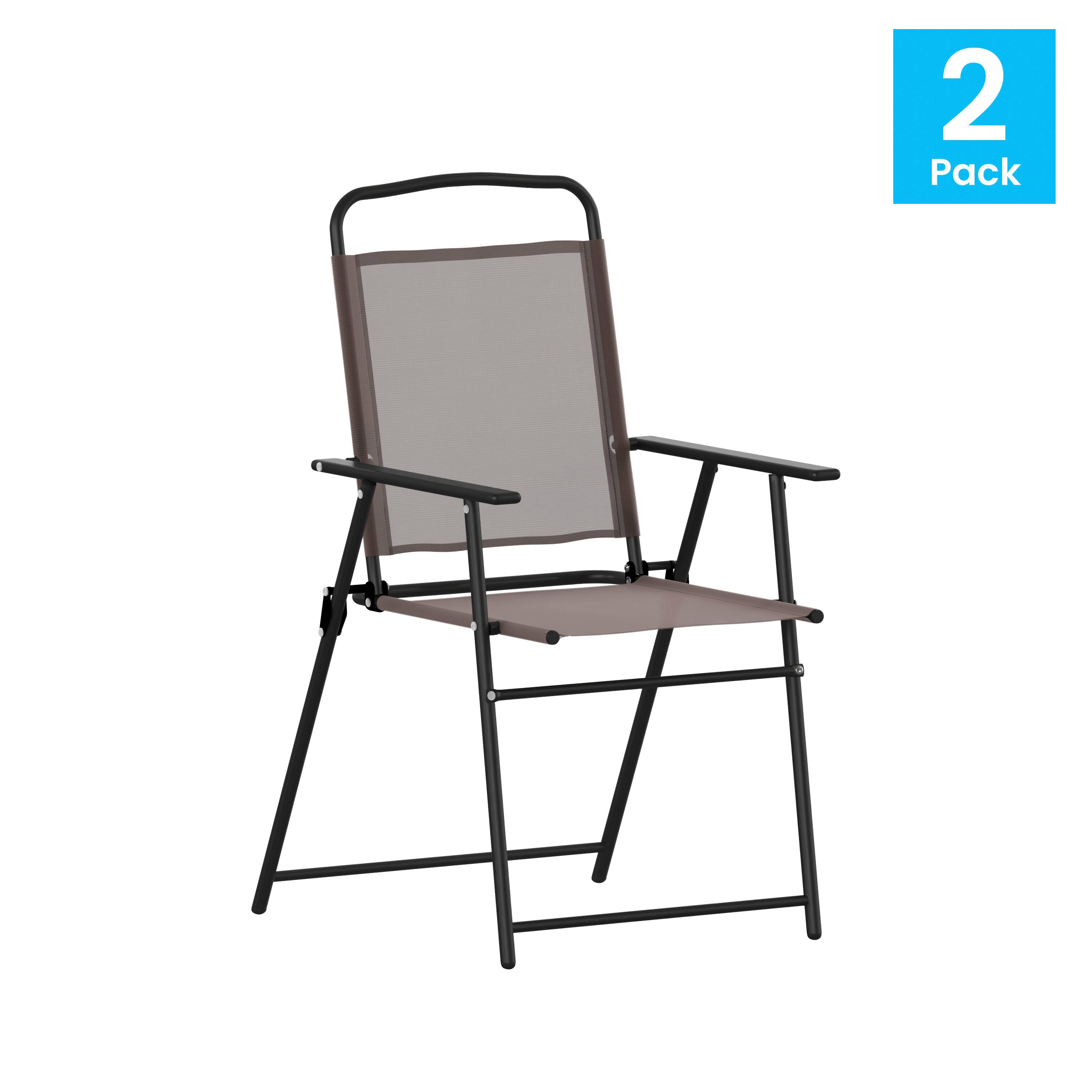 Alt View 1. Emma + Oliver - Munroe Set of 2 Textilene Folding Sling Style Patio Chairs with Armrests - Brown.
