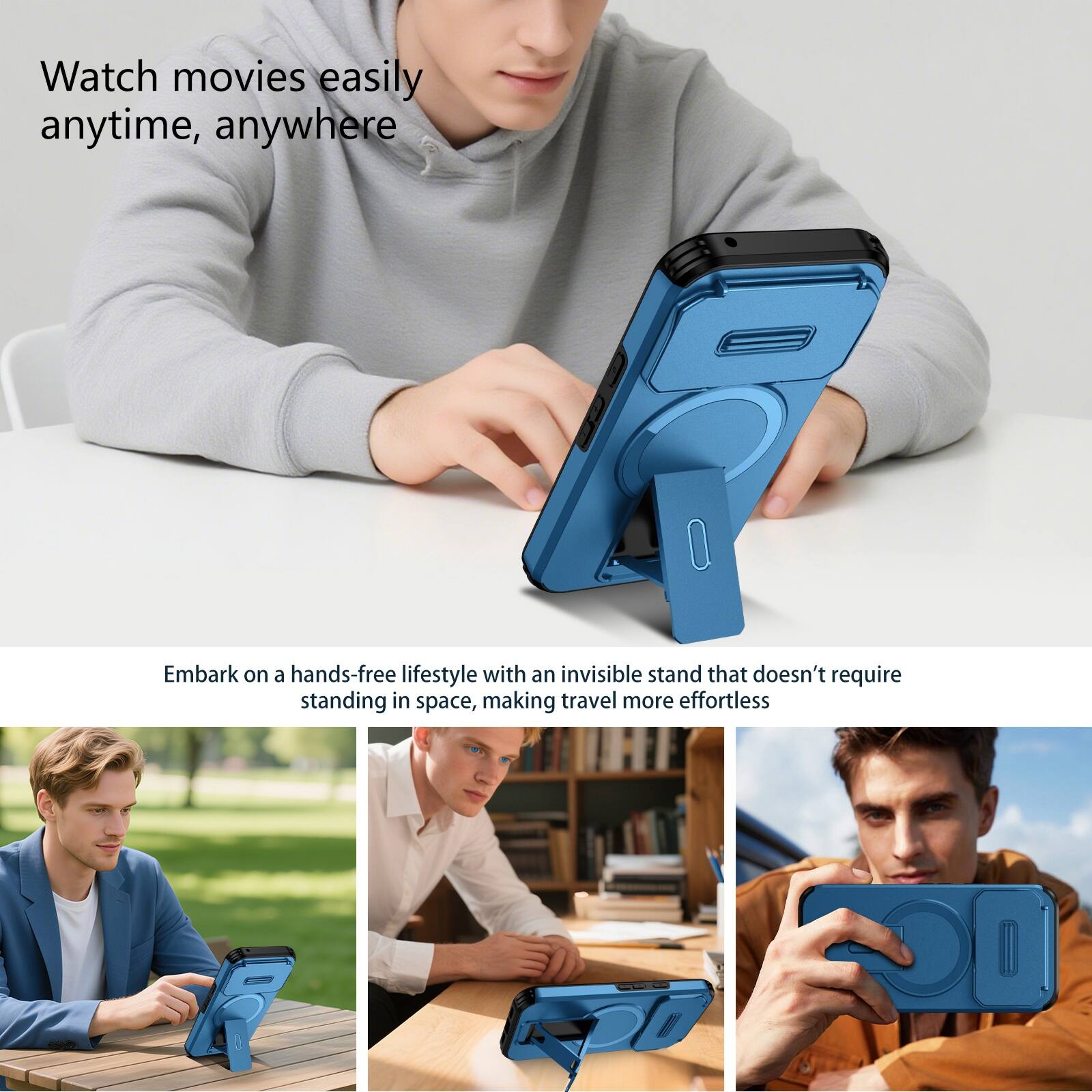 Watch movies easily anytime, anywhere

Embark on a hands-free lifestyle with an invisible stand that doesn't require standing in space, making travel more effortless