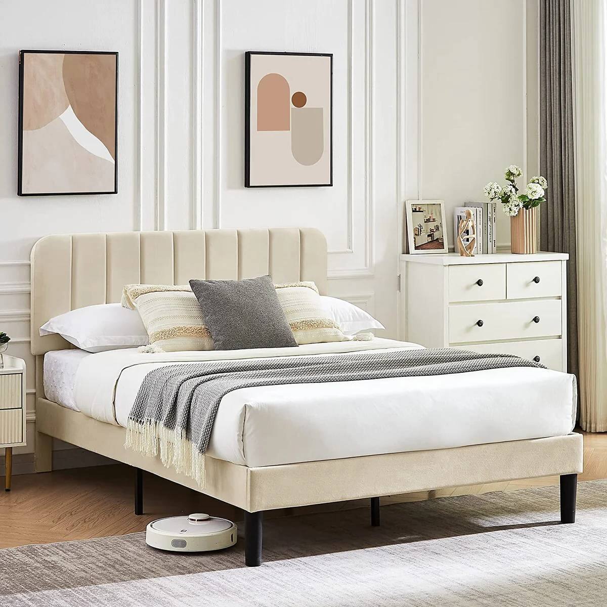 Left. Hivvago - Hivvago Full size Upholstered Platform Bed Frame with Headboard - Beige.