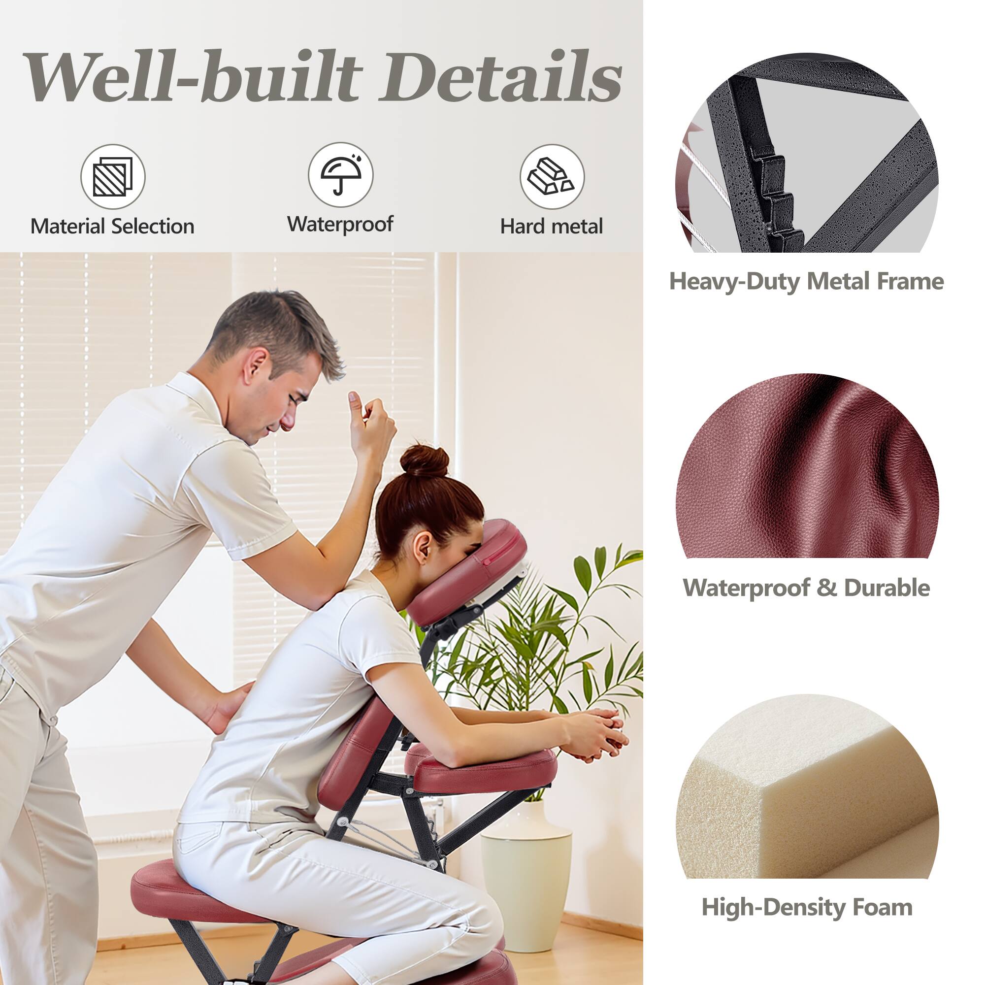 Well-built Details
Material Selection
Waterproof
Hard metal
Heavy-Duty Metal Frame
Waterproof & Durable
High-Density Foam