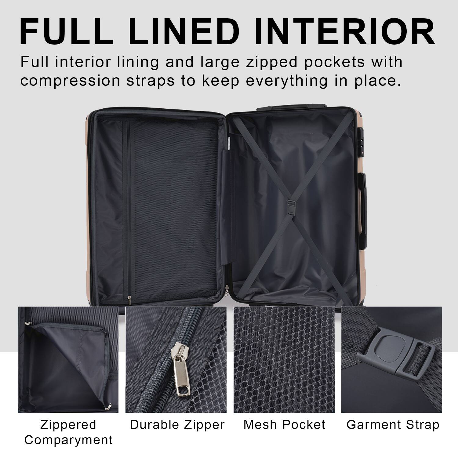 FULL LINED INTERIOR
Full interior lining and large zipped pockets with compression straps to keep everything in place.
- Zippered Compartment
- Durable Zipper
- Mesh Pocket
- Garment Strap