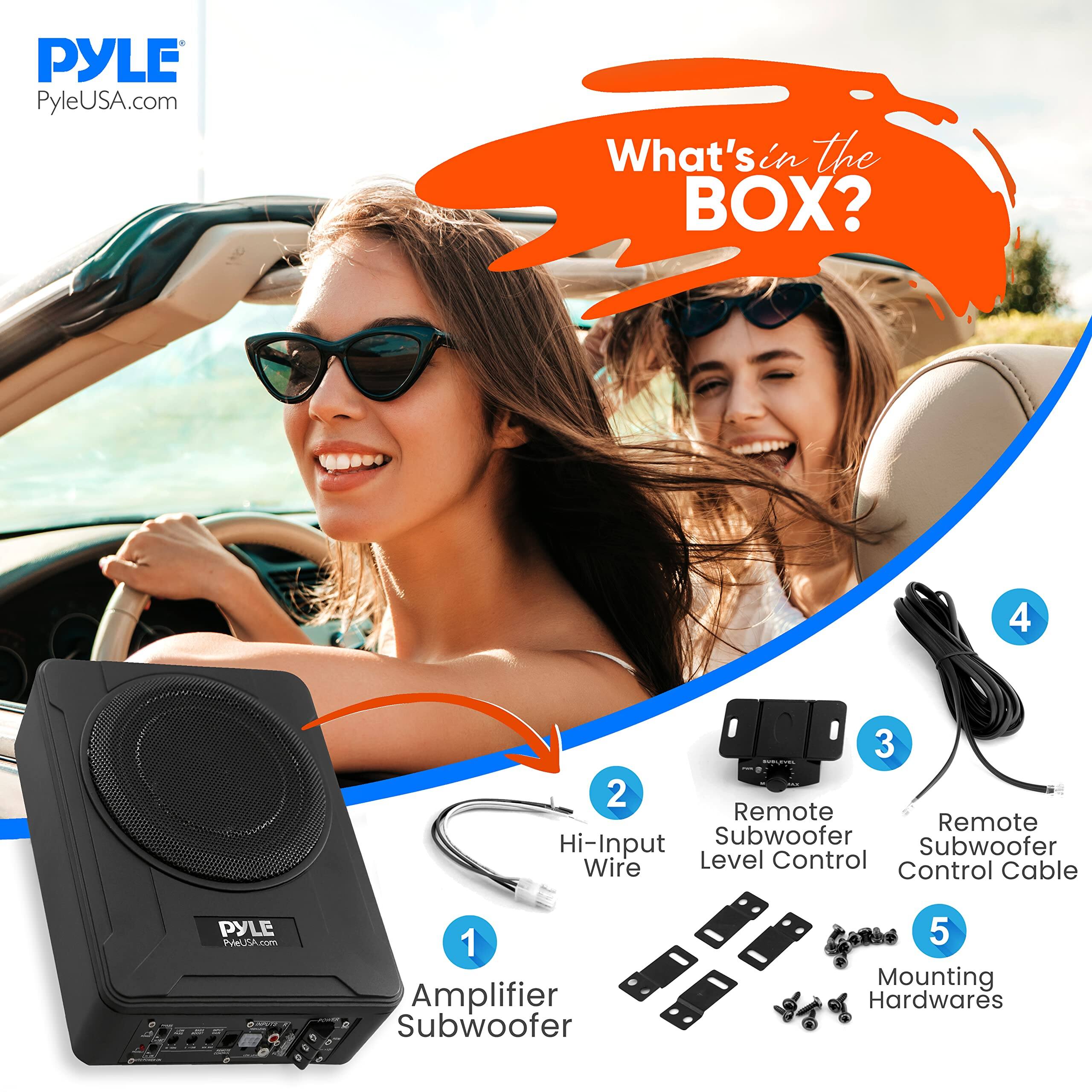 PYLE  
PyleUSA.com  

What's in the BOX?  

1. Amplifier Subwoofer  
2. Hi-Input Wire  
3. Remote Subwoofer Level Control  
4. Remote Subwoofer Control Cable  
5. Mounting Hardwares