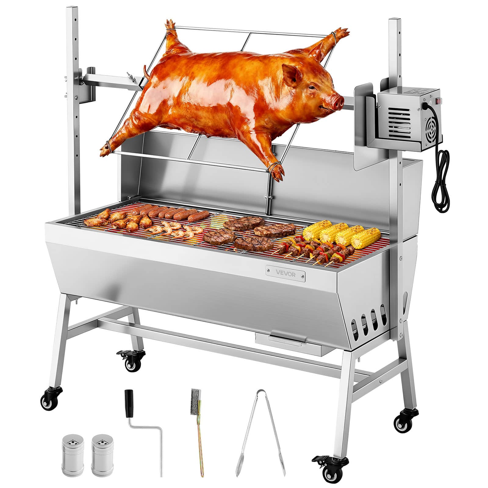 VEVOR - Rotisserie Grill, 38W BBQ Outdoor Pig & Lamb Spit Roaster, Charcoal Spit Roaster with 132 LBS Load Capacity - Stainless steel color