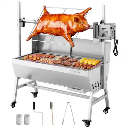 Front. VEVOR - Rotisserie Grill, 38W BBQ Outdoor Pig & Lamb Spit Roaster, Charcoal Spit Roaster with 132 LBS Load Capacity - Stainless steel color.