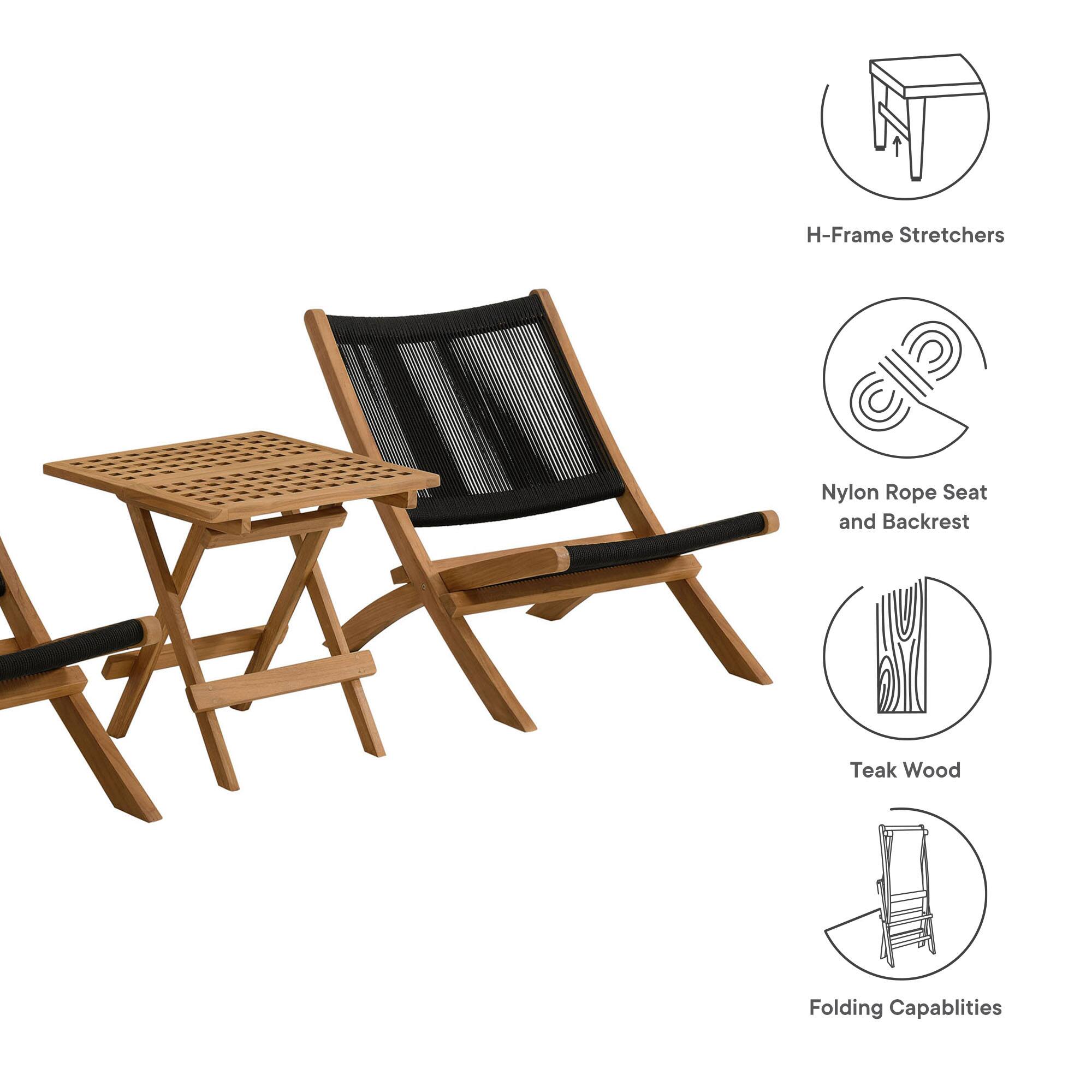 - H-Frame Stretchers
- Nylon Rope Seat and Backrest
- Teak Wood
- Folding Capabilities