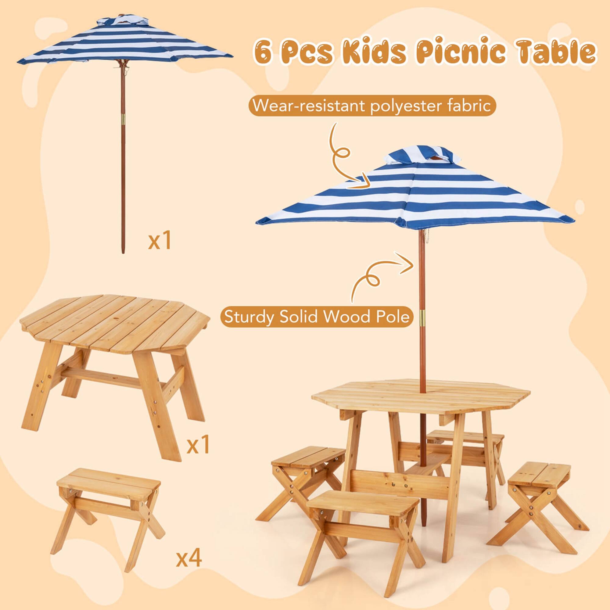 6 Pcs Kids Picnic Table

- Wear-resistant polyester fabric x1
- Sturdy Solid Wood Pole x1
- x4