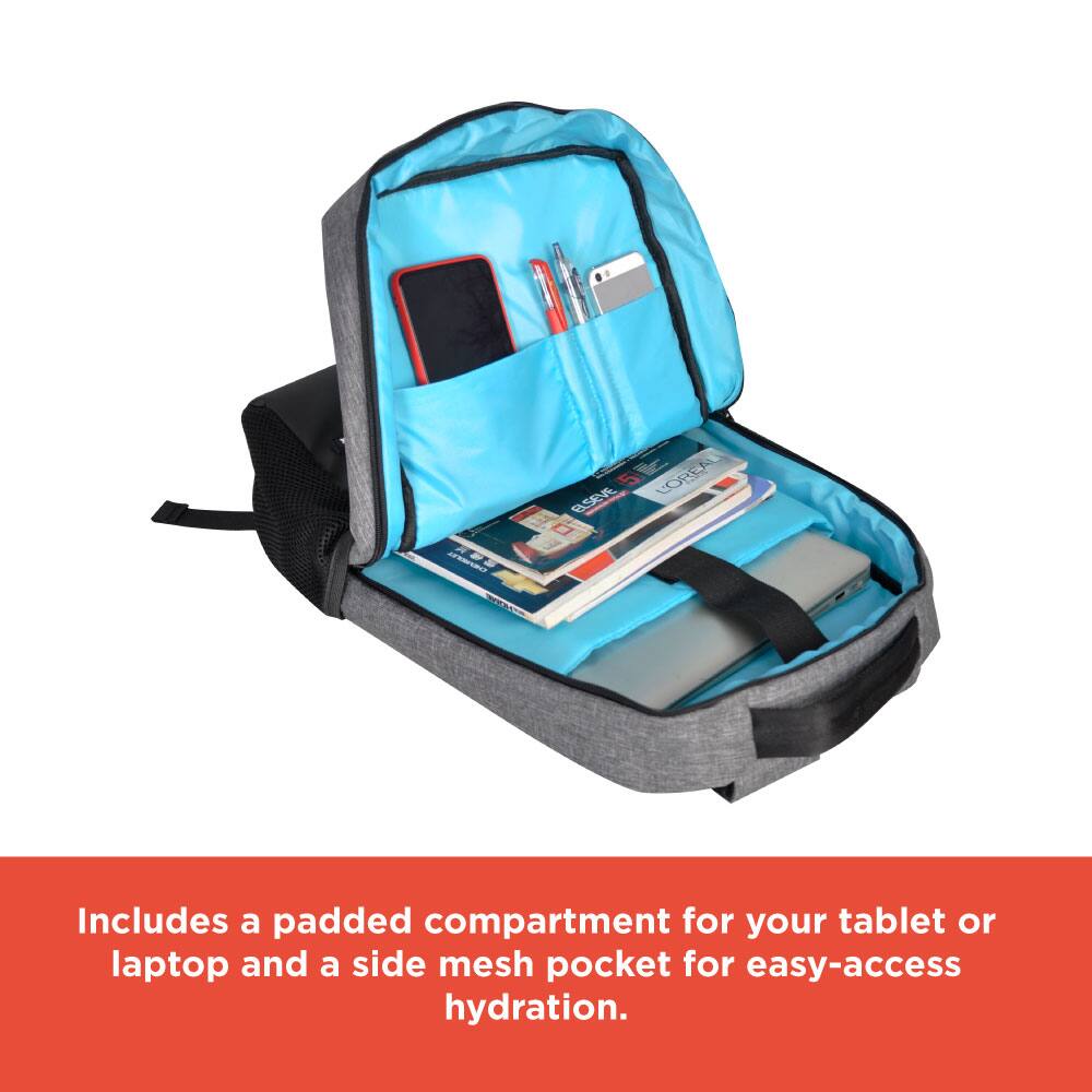 Includes a padded compartment for your tablet or laptop and a side mesh pocket for easy-access hydration.