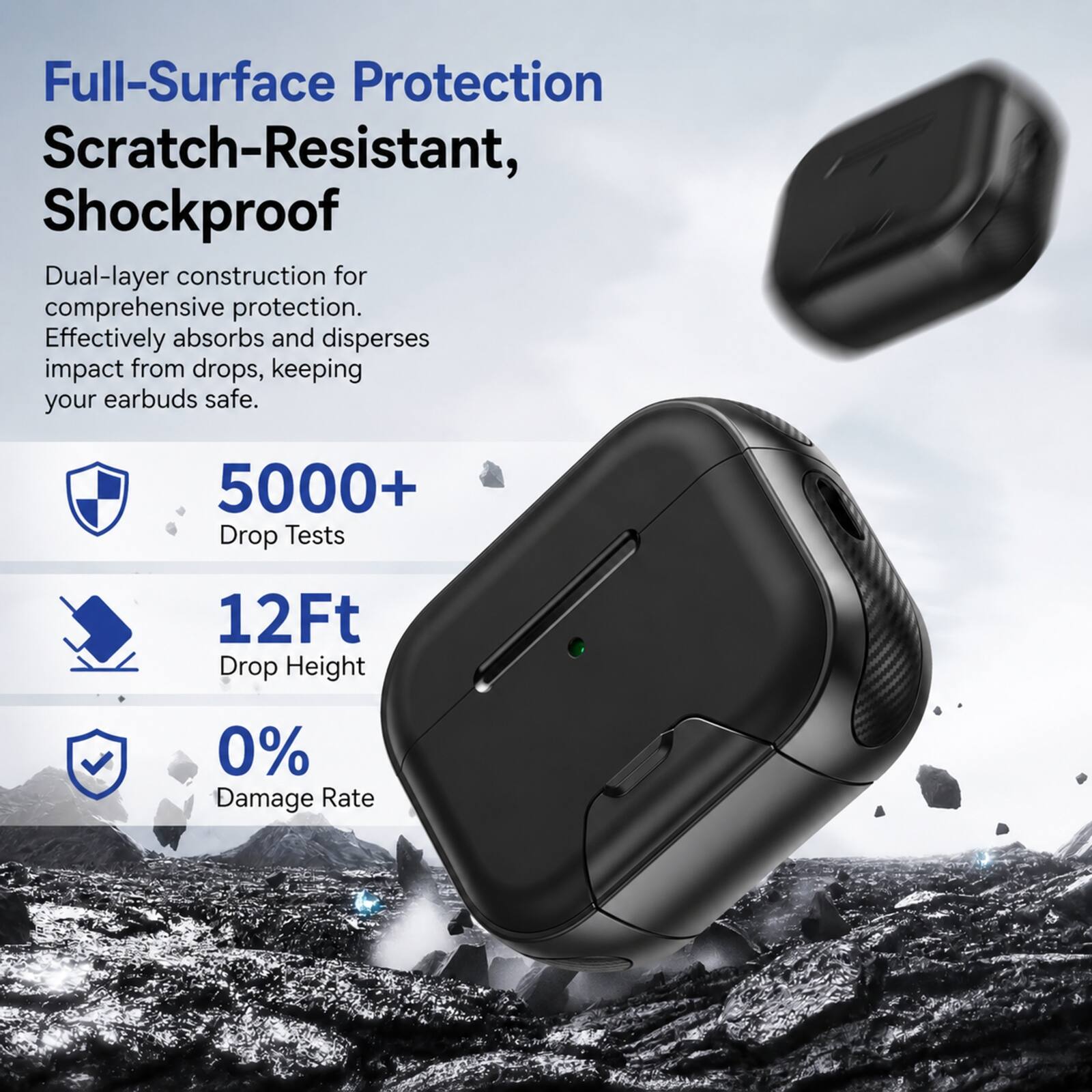Full-Surface Protection Scratch-Resistant, Shockproof  
Dual-layer construction for comprehensive protection. Effectively absorbs and disperses impact from drops, keeping your earbuds safe.  
5000+ Drop Tests  
12Ft Drop Height  
0% Damage Rate