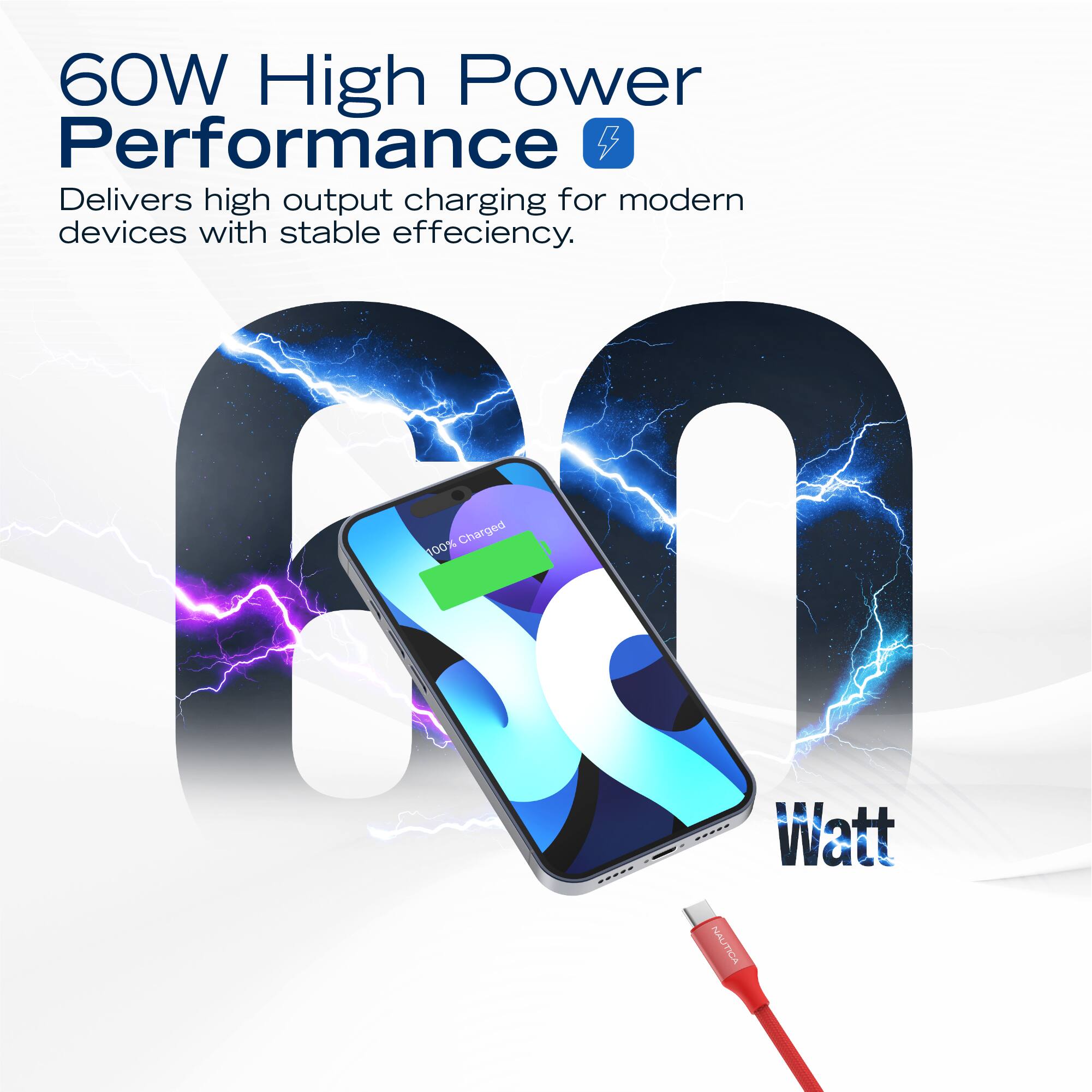 60W High Power Performance  
Delivers high output charging for modern devices with stable efficiency.  
Charged 100%  
Watt