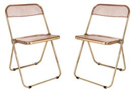 LeisureMod - Lawrence 2-PCS Clear Accent Chair, Folding Acrylic Design with Gold Chrome Frame, Portable Assembled Seating - Rose Pink