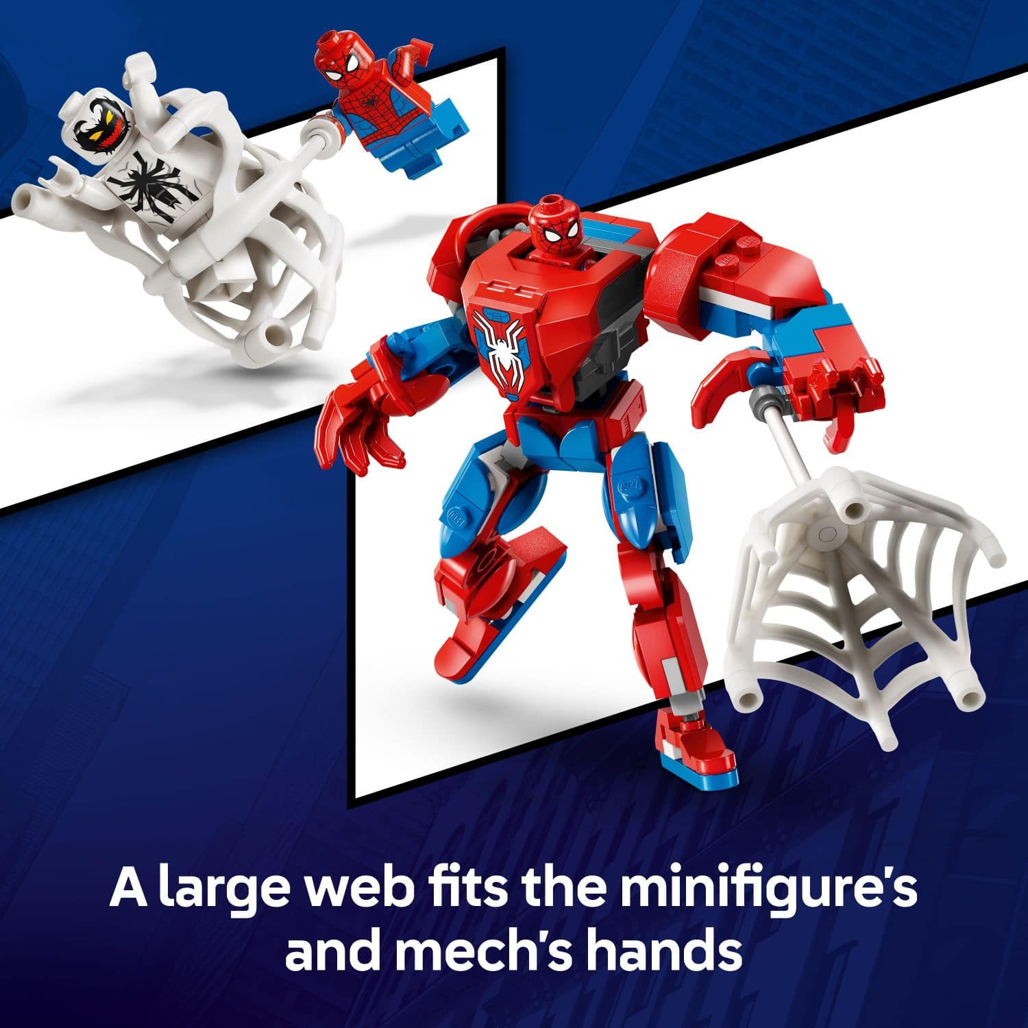 A large web fits the minifigure's and mech's hands.