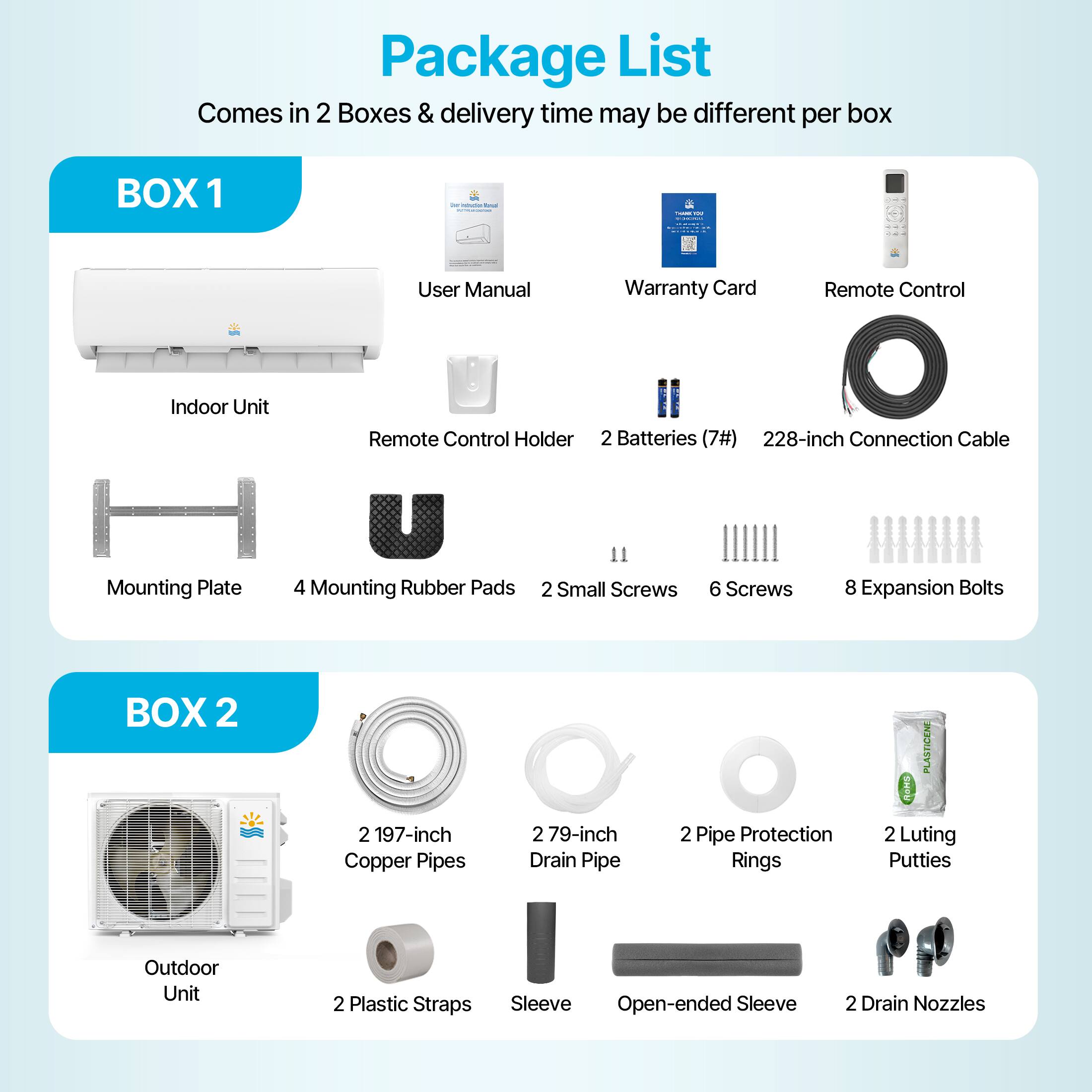 Package List  
Comes in 2 Boxes & delivery time may be different per box  

**BOX 1**  
- User Manual  
- Warranty Card  
- Remote Control  
- Indoor Unit  
- Remote Control Holder  
- 2 Batteries (7#)  
- 228-inch Connection Cable  
- Mounting Plate  
- 4 Mounting Rubber Pads  
- 2 Small Screws  
- 6 Screws  
- 8 Expansion Bolts  

**BOX 2**  
- 2 197-inch Copper Pipes  
- 2 79-inch Drain Pipe  
- 2 Pipe Protection Rings  
- 2 Luting Putties  
- Outdoor Unit  
- 2 Plastic Straps  
- Sleeve  
- Open-ended Sleeve  
- 2 Drain Nozzles