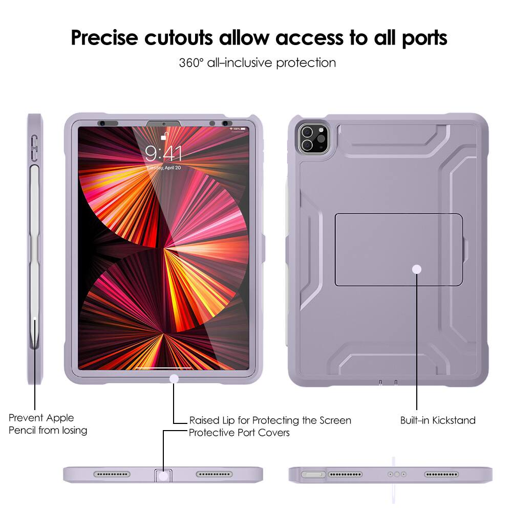Precise cutouts allow access to all ports  
360° all-inclusive protection  

- Prevent Apple Pencil from losing  
- Raised Lip for Protecting the Screen  
- Protective Port Covers  
- Built-in Kickstand