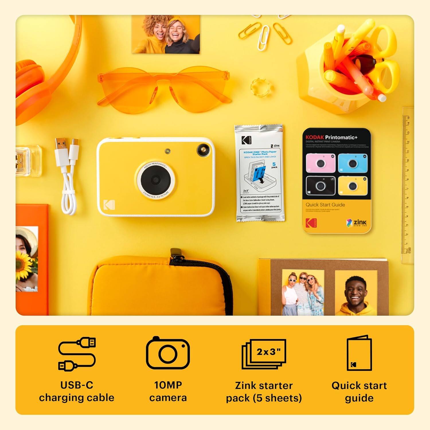 - Kodak Printomatic+
- 2x3" USB-C charging cable
- 10MP camera
- Zink starter pack (5 sheets)
- Quick start guide