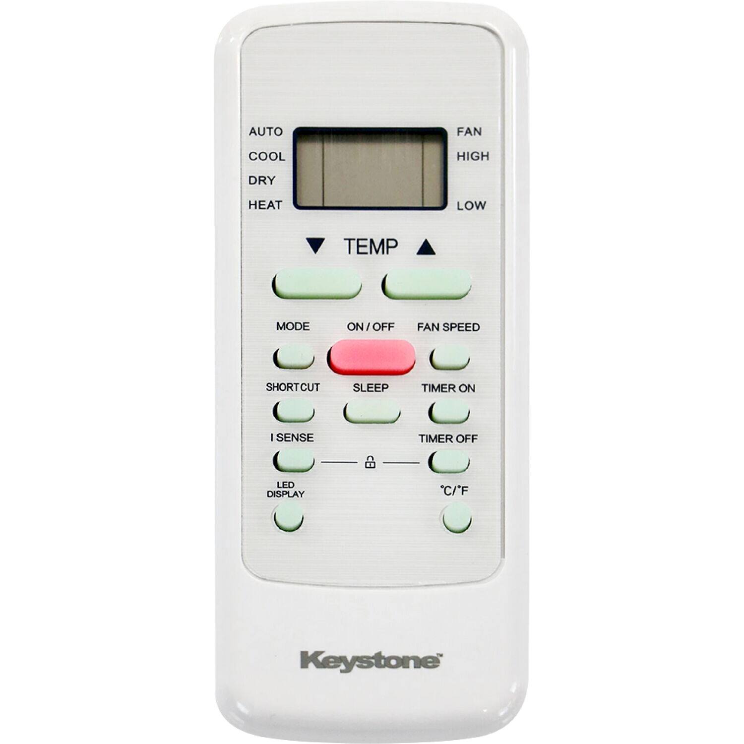 Keystone is the brand of the white electronic device displayed in the image. The device has a digital display and multiple buttons, including an auto fan, cool, high, dry, heat, low, and sleep timer options. The device also has a timer on/off function and a fan speed short cut. The device is designed to control the temperature and fan speed in a room.
