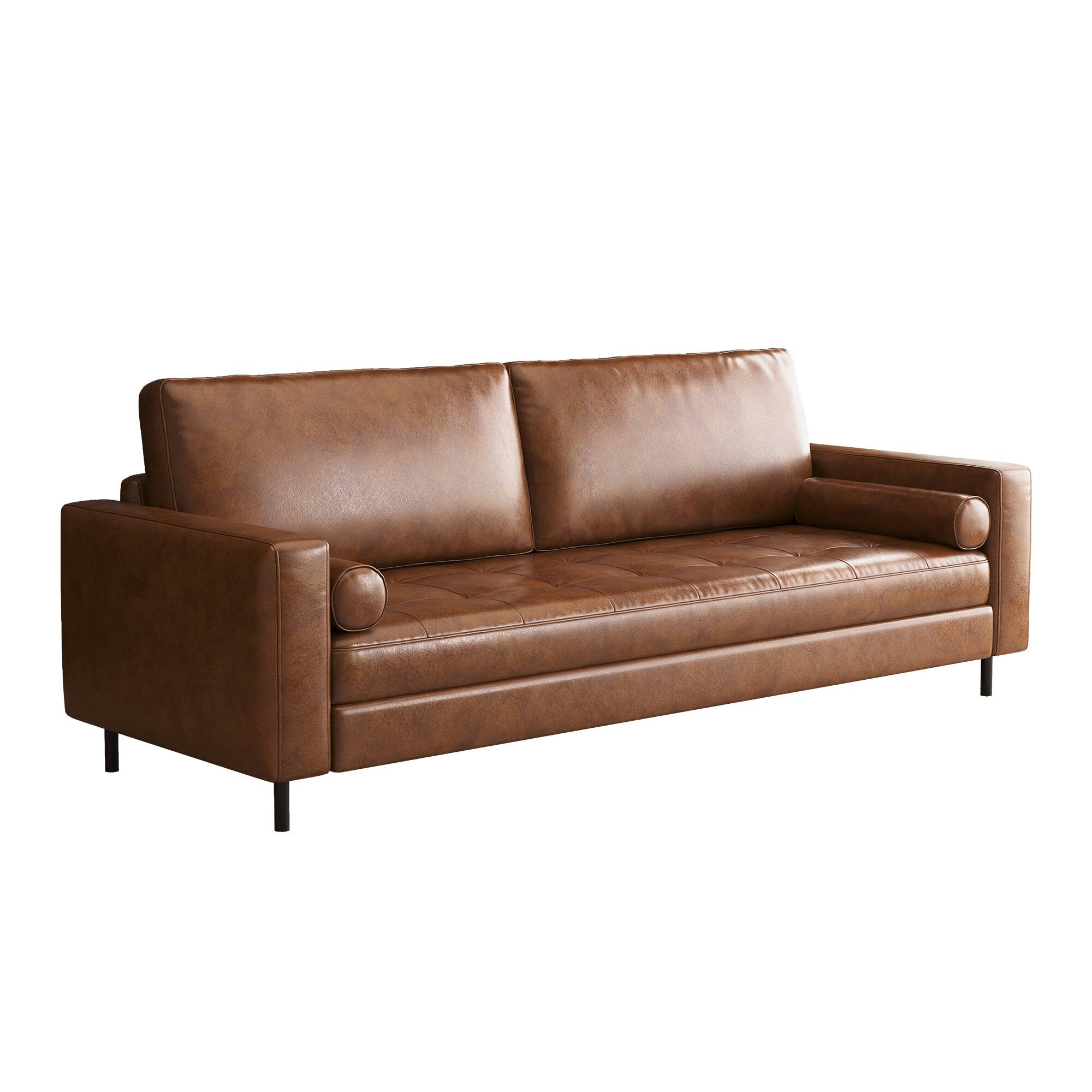 Alt View 5. luck idea - 80.31" Vintage High-End Oil-Waxed Leather Sofa with Solid Frame for Living Room - Brown.