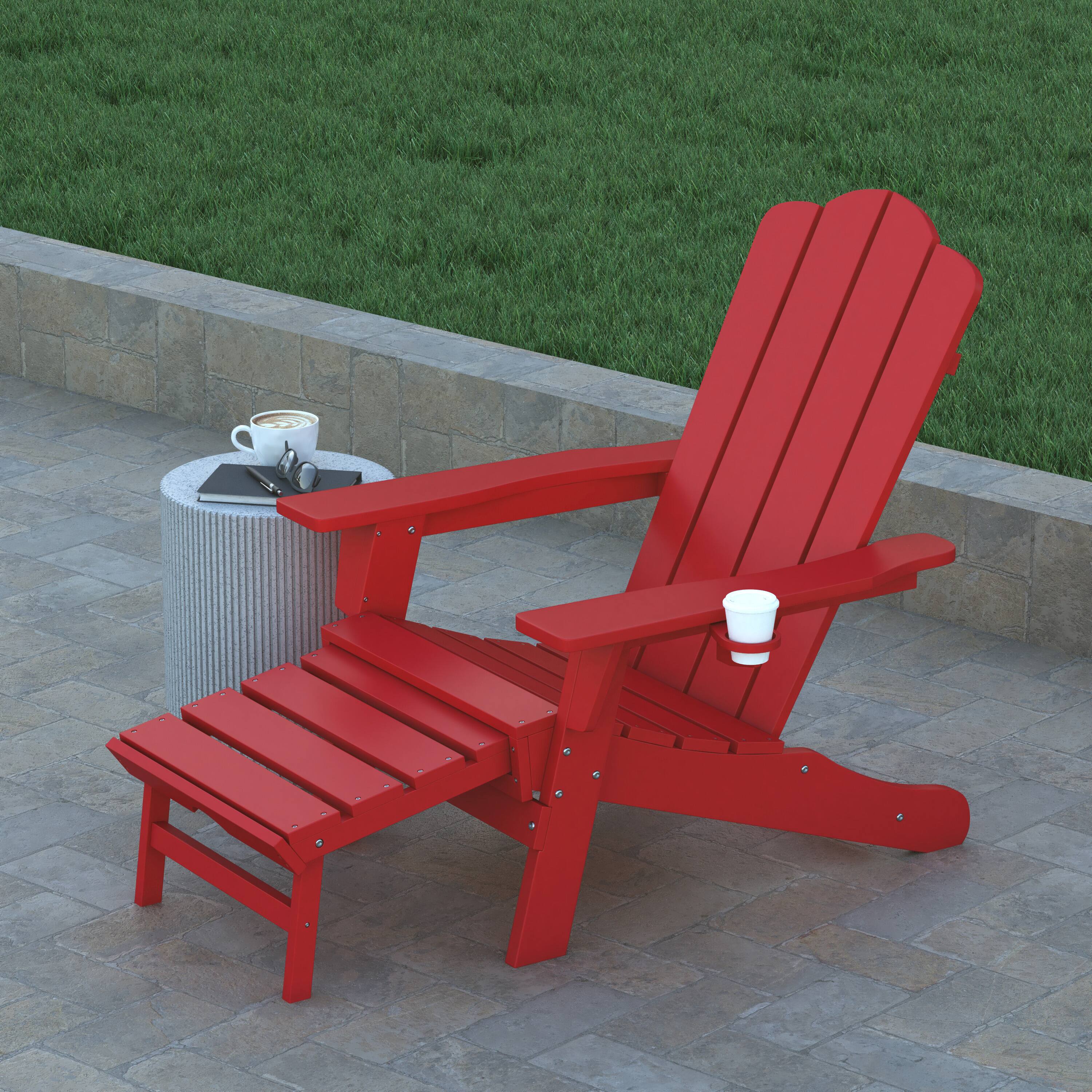 Alt View 1. Emma + Oliver - Haley Adirondack Chair with Cup Holder and Pull Out Ottoman, All-Weather HDPE Indoor/Outdoor Lounge Chair - Red.