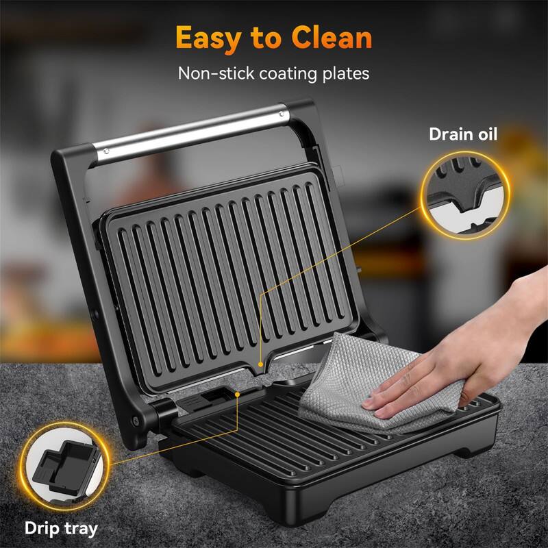 Easy to Clean  
Non-stick coating plates  
Drain oil  
Drip tray