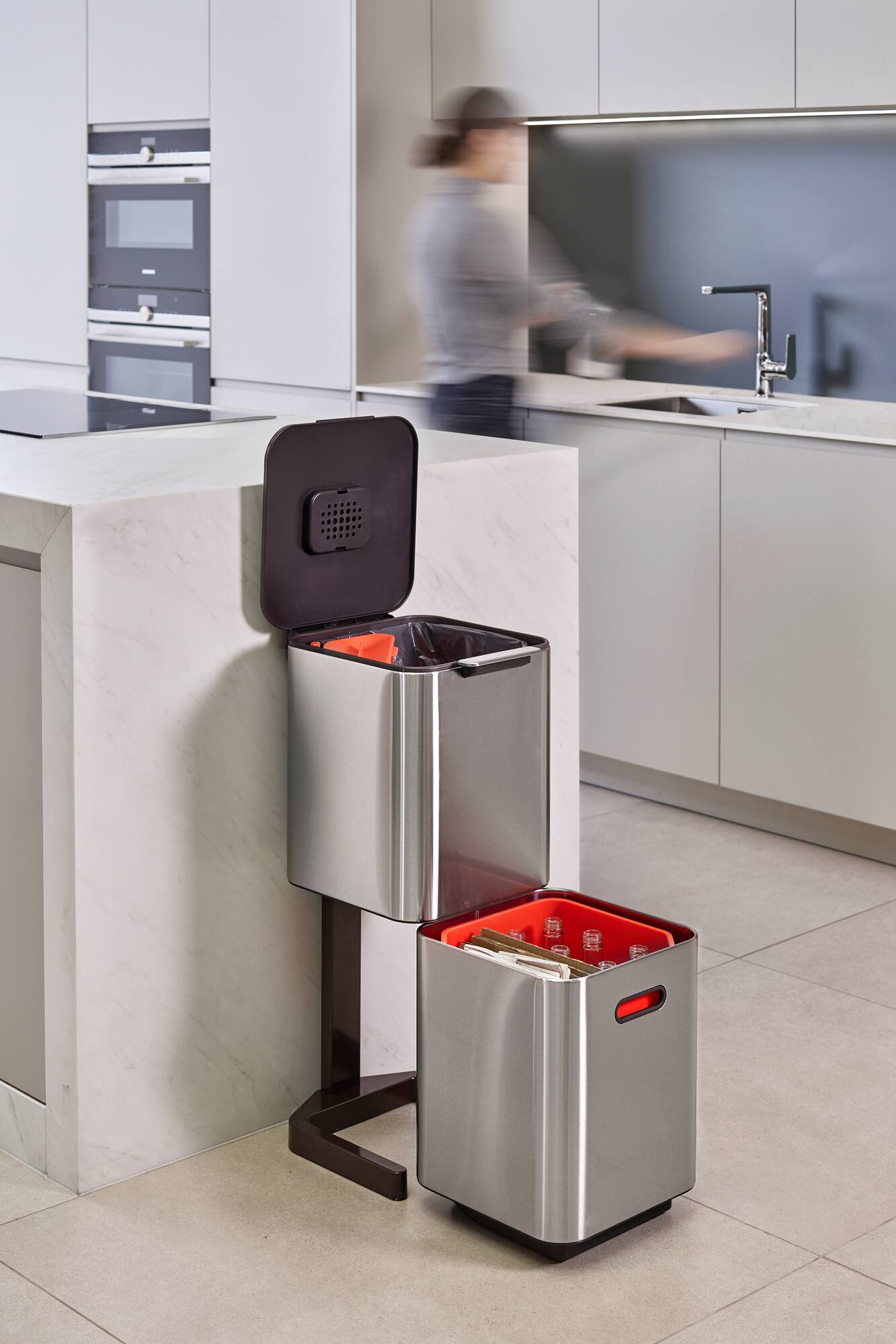 Alt View 2. Joseph Joseph - Totem Compact 40-liter Waste & Recycling Dual Kitchen Trash Can - Stainless Steel.