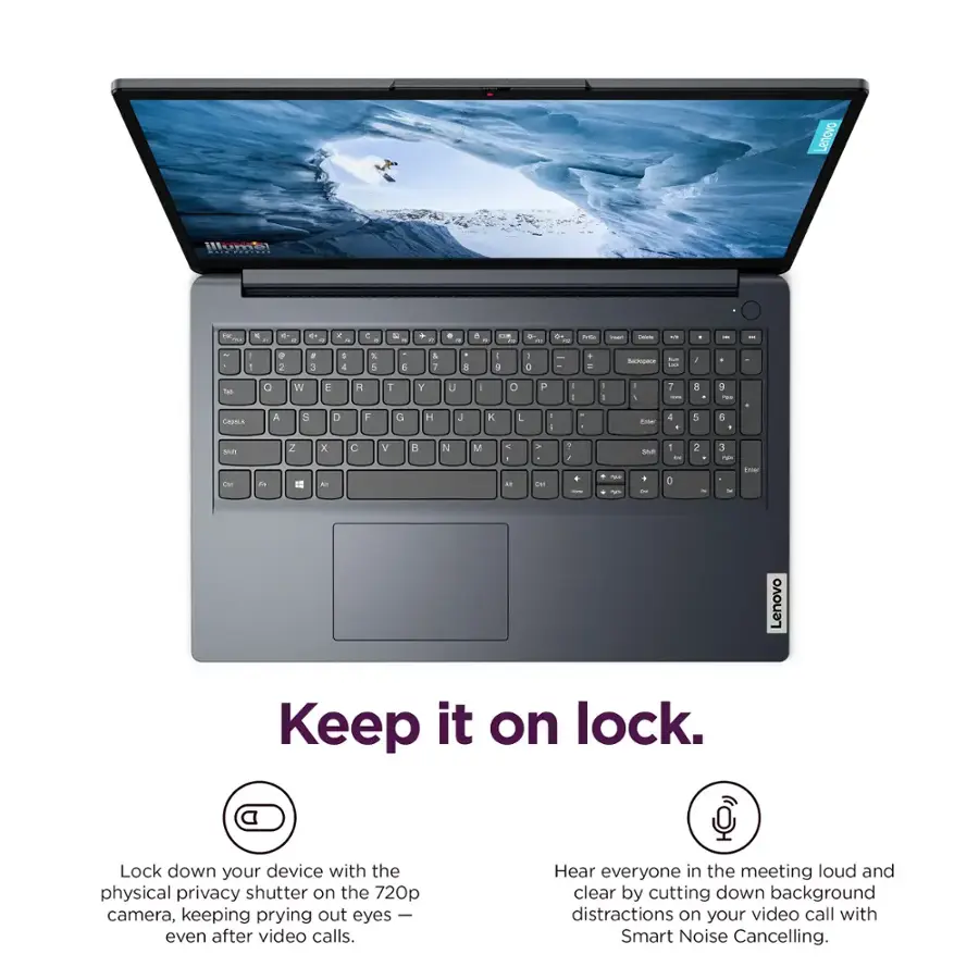 Lenovo Keep it on lock. Lock down your device with the physical privacy shutter on the 720p camera, keeping prying eyes even after video calls. Hear everyone in the meeting loud and clear by cutting down background distractions on your video call with Smart Noise Cancelling.