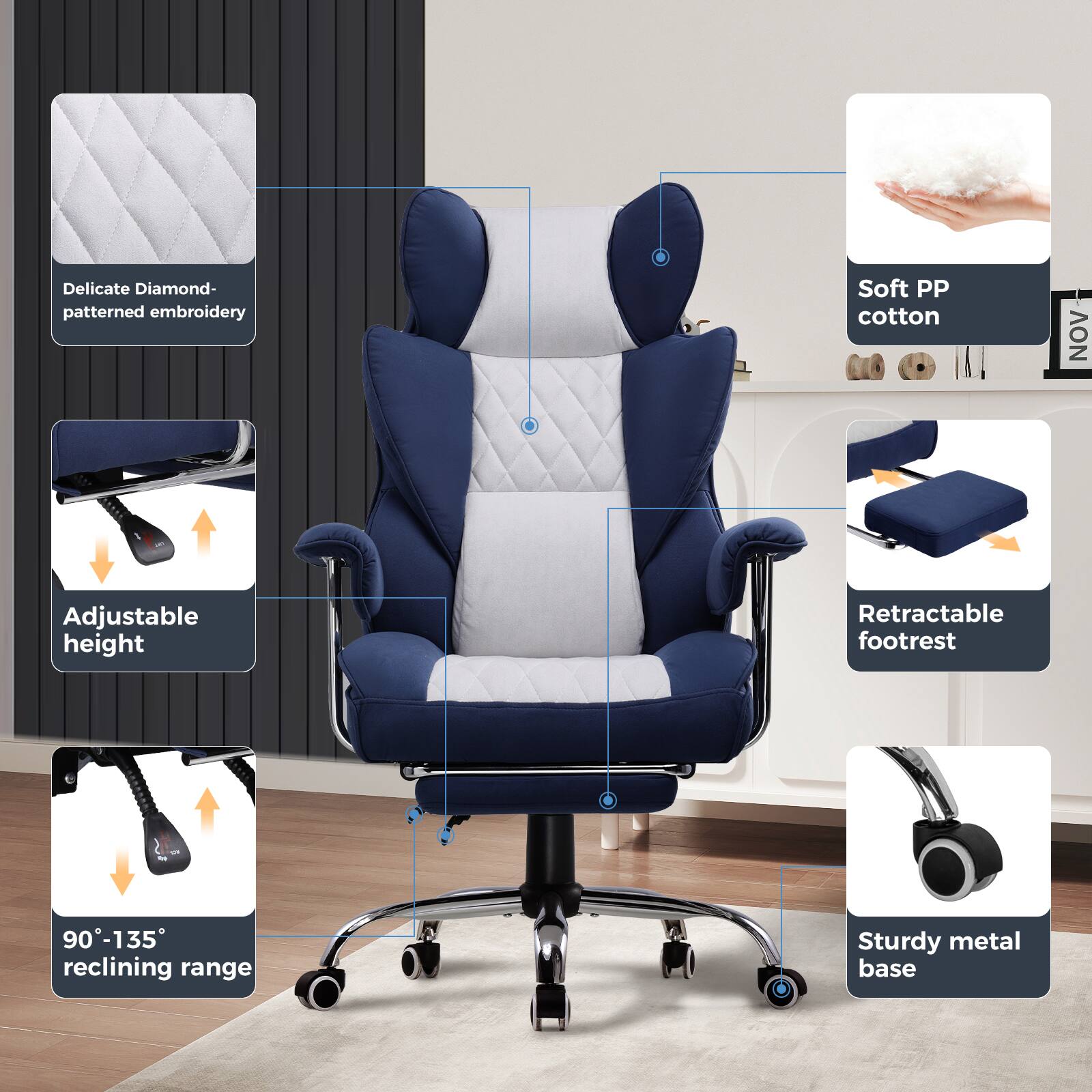 - Delicate Diamond-patterned embroidery
- Soft PP cotton
- Adjustable height
- Retractable footrest
- 90°-135° reclining range
- Sturdy metal base