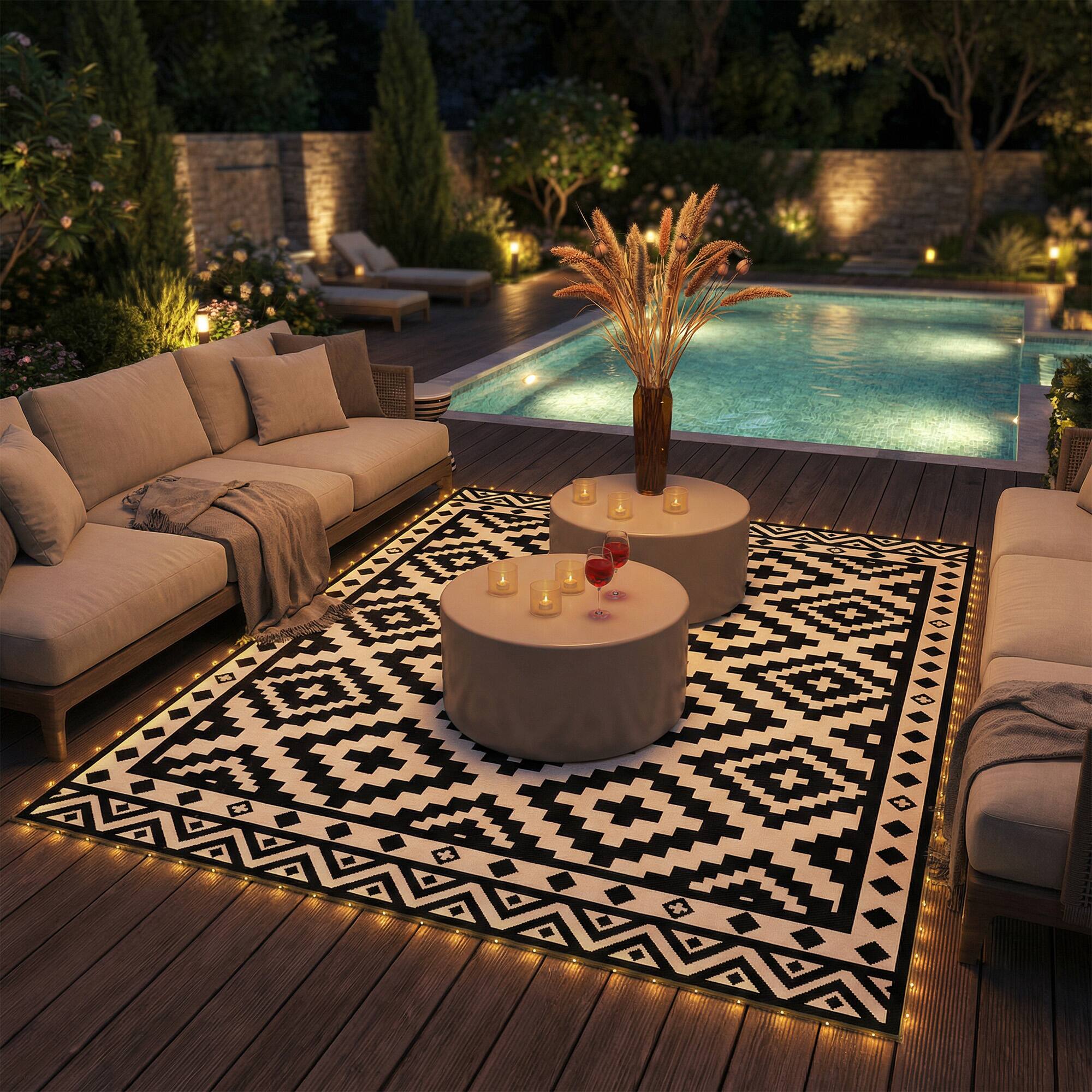 Alt View 8. Outsunny - Rug Carpet Reversible Plastic Straw Rug with LED Lights Black and White 10' x 8' for - Black and White.