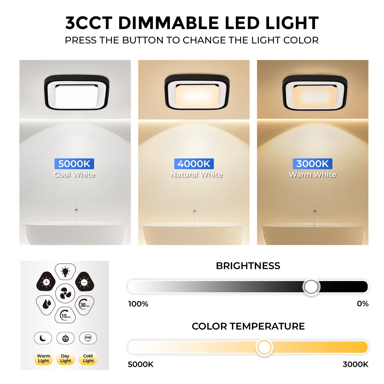 3CCT DIMMABLE LED LIGHT  
PRESS THE BUTTON TO CHANGE THE LIGHT COLOR  

5000K Cool White  
4000K Natural White  
3000K Warm White  

BRIGHTNESS  
100%  
0%  

COLOR TEMPERATURE  
5000K  
3000K  

Warm Light  
Day Light  
Cold Light