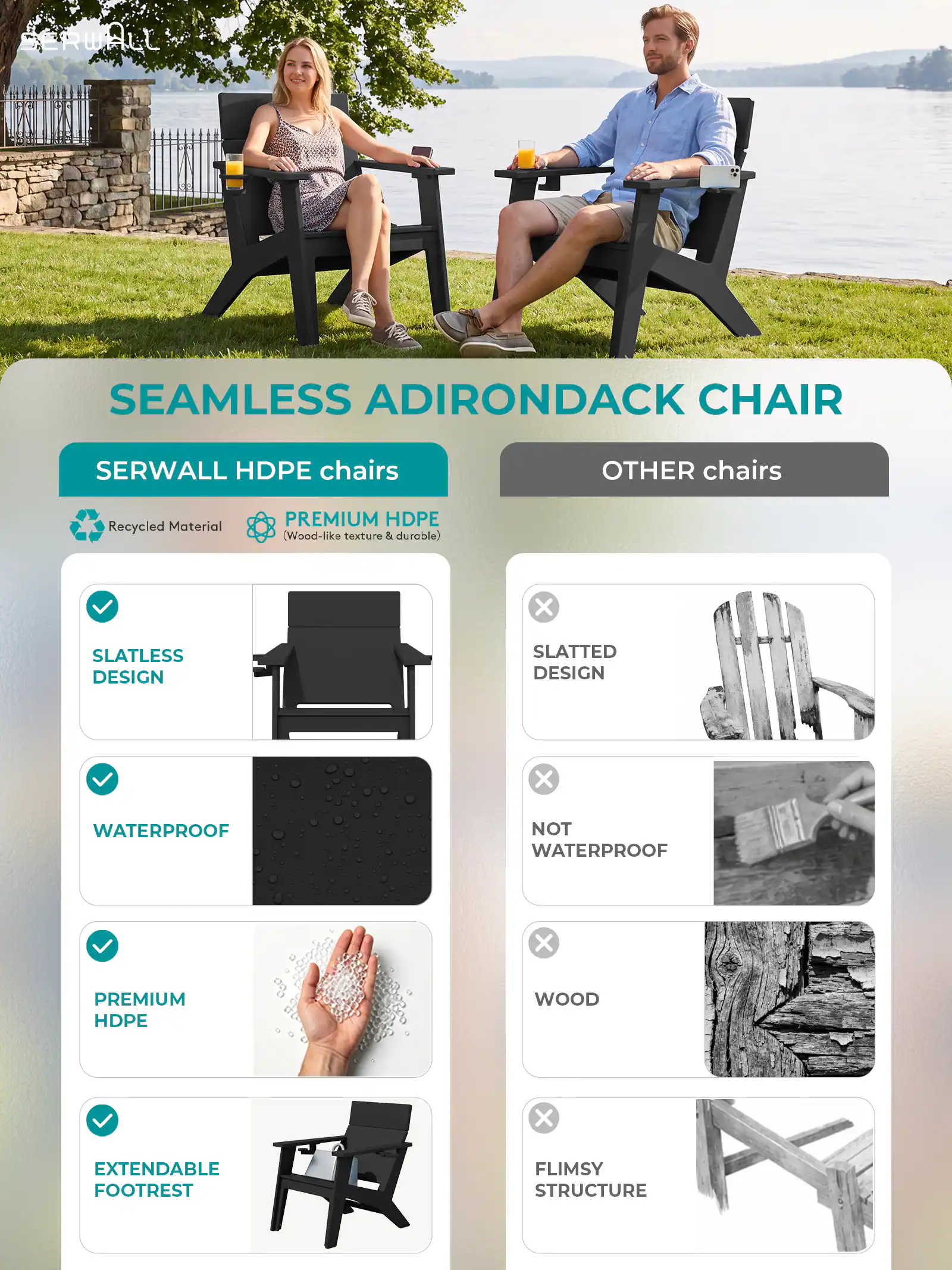 SERWALL Modern Adirondack Chairs Tall Lounge Chair Set of 4,Slatless ...