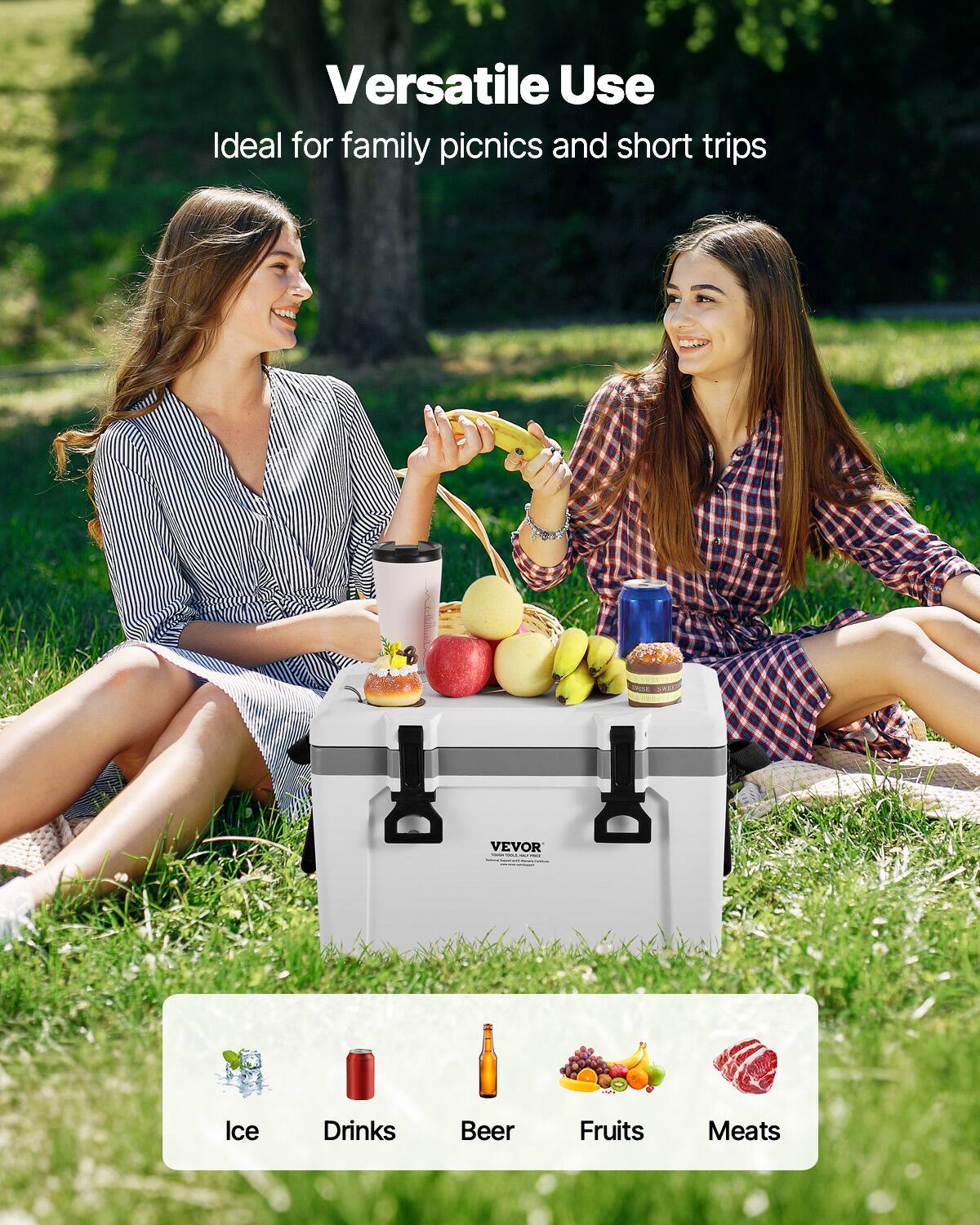 Versatile Use  
Ideal for family picnics and short trips  

Ice  
Drinks  
Beer  
Fruits  
Meats