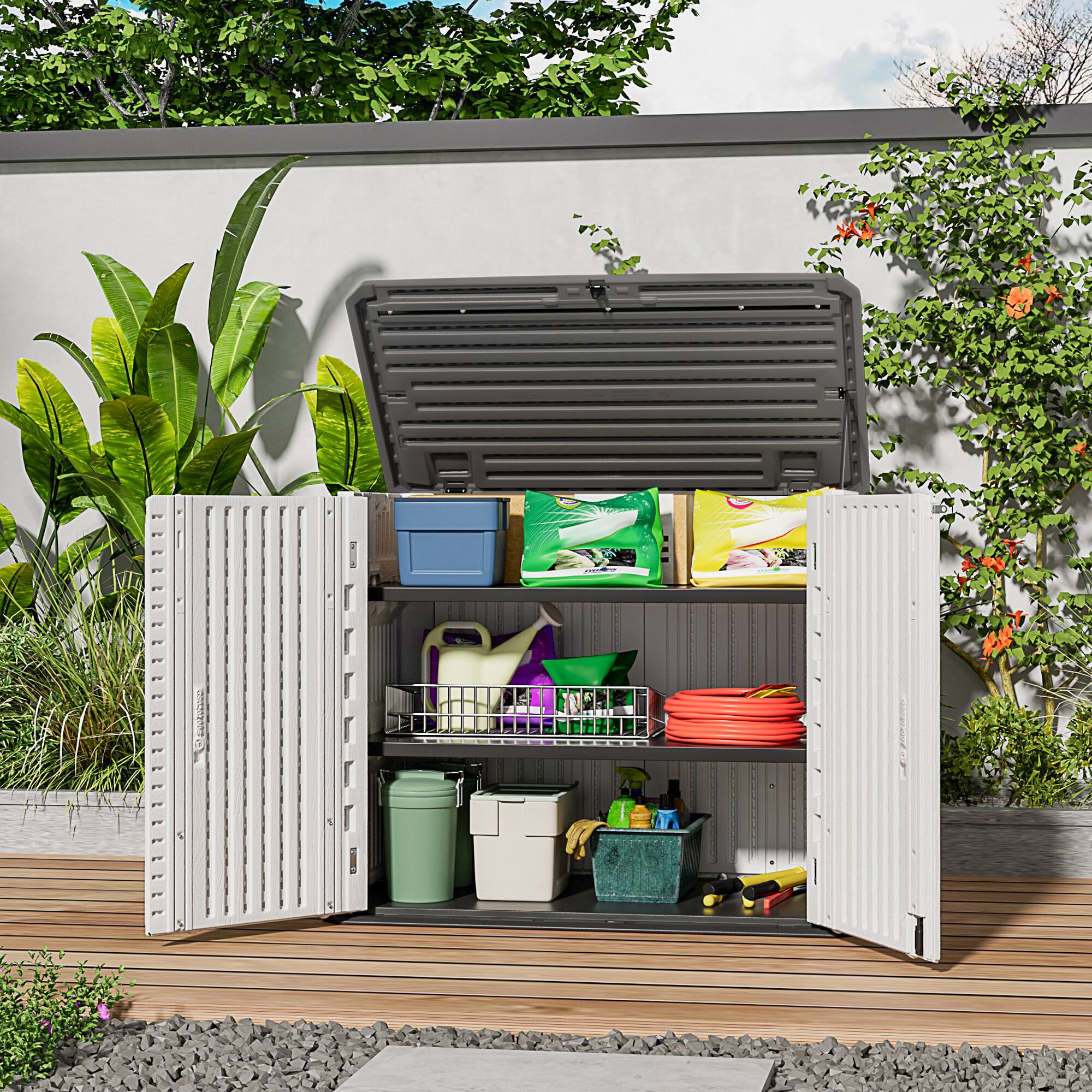 Alt View 1. Yardgrace - 35 cu.ft. Waterproof Horizontal Storage Shed, Multi-Opening Deck Box for Bike, Garbage Cans Lawn Mower, for Garden Patio - white.