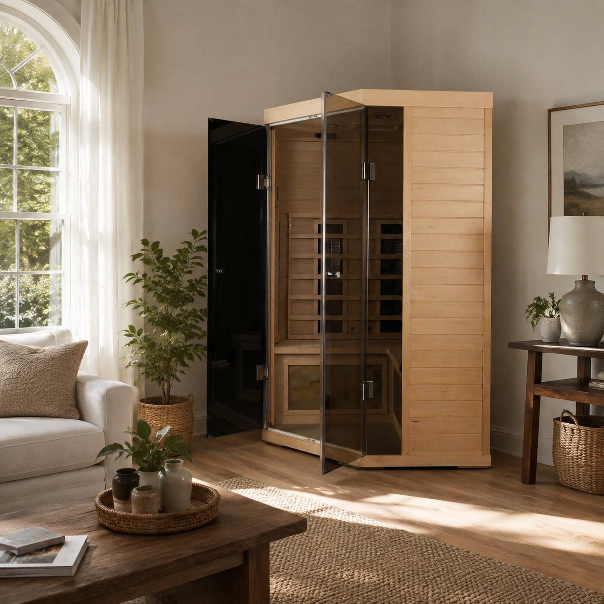 Alt View 1. RYHNUYNE - 5-Person Hemlock Far-Infrared Sauna, S Model, Canadian Eastern Hemlock, Low EMF Carbon Crystal Heaters, Home Relaxation - Natural.